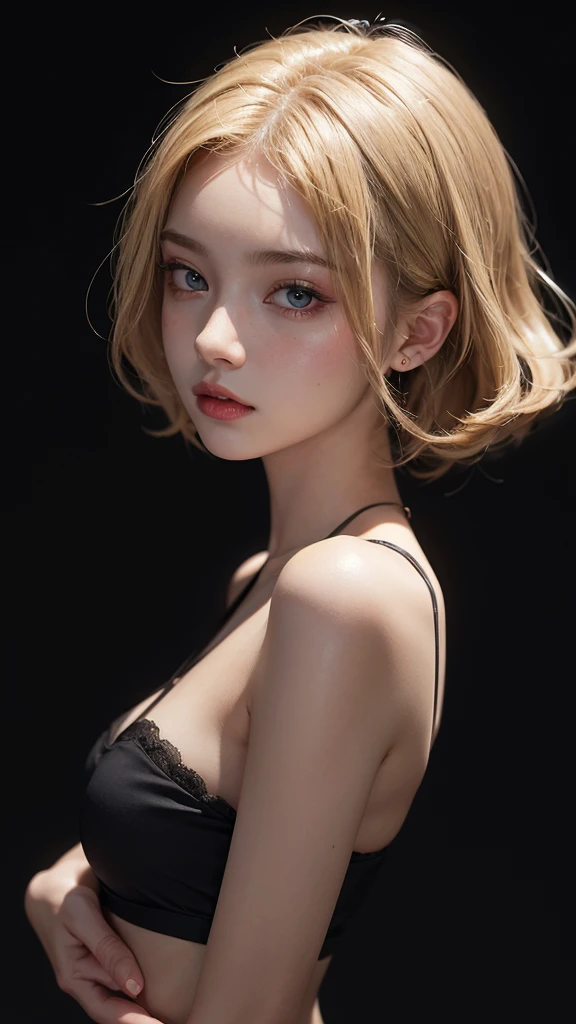 20 year old woman, Blonde, (Hyperfade:1.3), Dark theme, soothing color tones, muted colors, high contrast, (The skin texture is natural., Surreal, soft light, sharp)