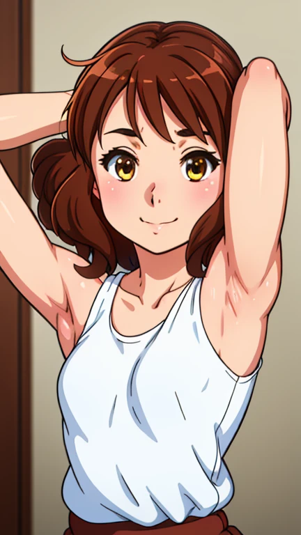 masterpiece, best quality, looking at viewer, upper body, portrait, looking at viewer, seductive smile, put your hands behind your head, armpits, armpits visible, sweaty armpits, kumiko, very small breasts, brown hair, wearing tanktop, no bra