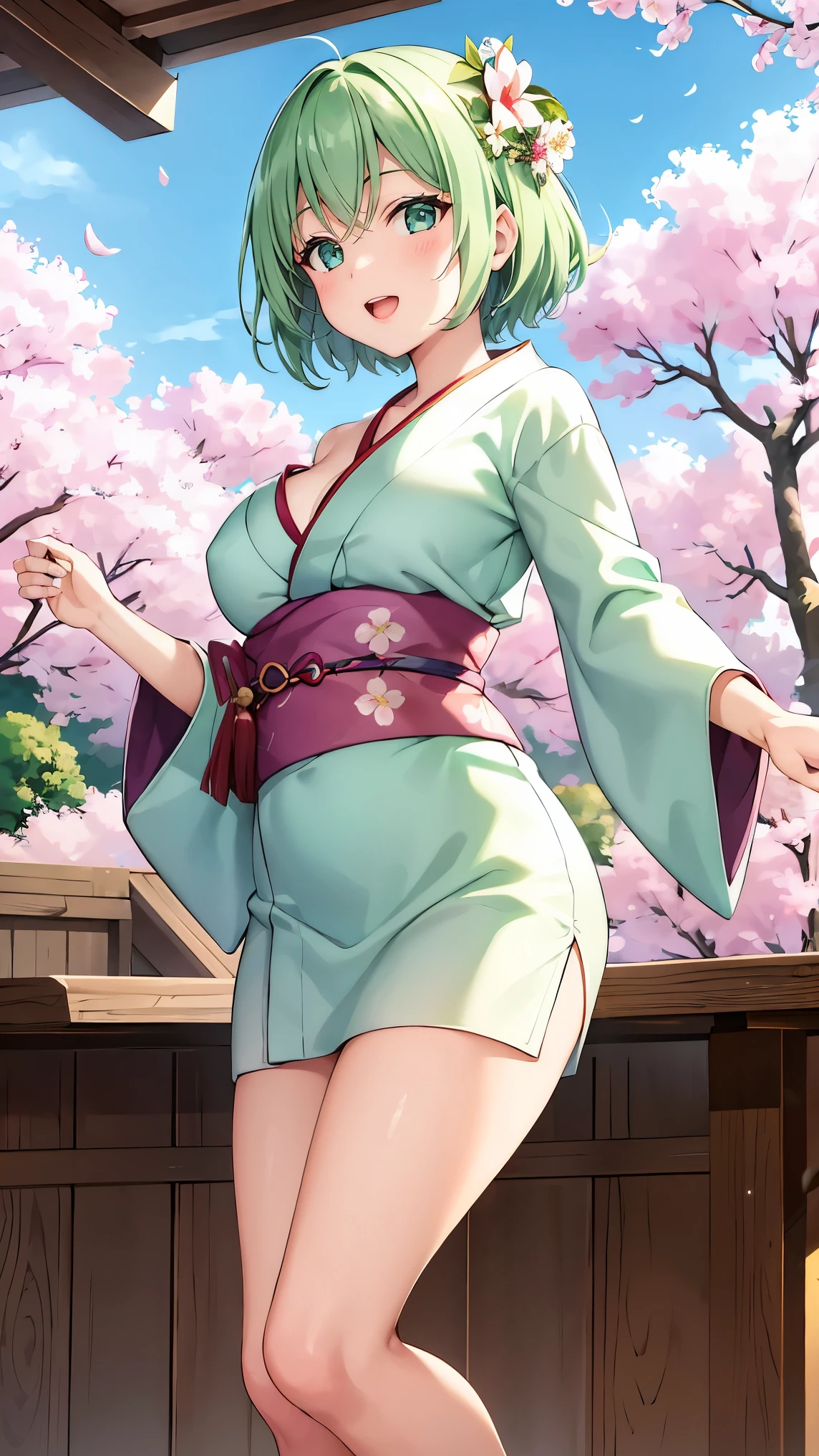 Girl with short green hair, Small breasts, Green Eyes, White Casual Beauty Special、(((tits))),Full body photo from head to toe、Kimono、Patterned Japanese clothing、Cherry tree in full bloom、Fluttering petals、Dance、Dancer、Dancing on stage、