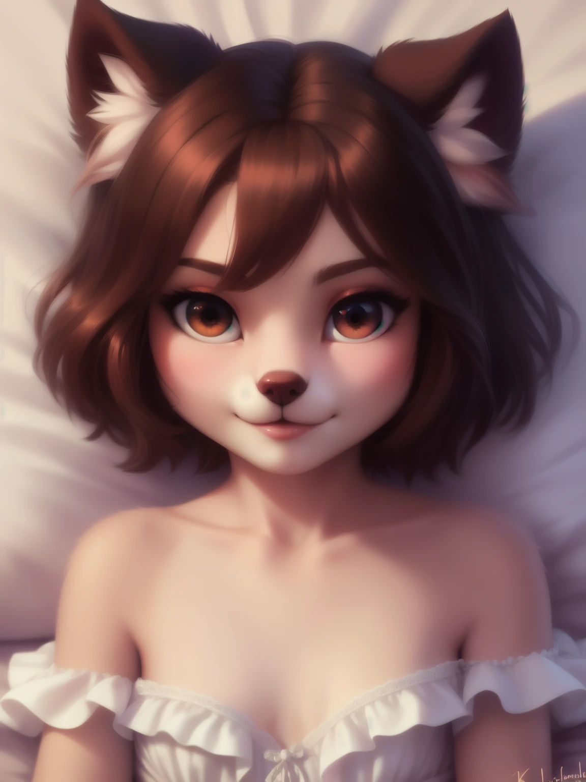 (source_e621), A beautiful and detailed (sweet portrait), ((young anthro domistic dog)), anatomically correct, Schlank, Small breasts, Hochgeladen E621, detailed flauschige fur, (von Fluff-Kevlar, Bayard Wu, personalami, Pino Daeni), 1girl, off shoulder dress, adorable, facing viewer, on bed, missionary position, legs spread, 1girl, realistic, ultra sharp image, view from above, (solo), first person view, cleavage, masterpiece, lying on her back, half body, beautiful hair, seductive gaze, waiting, (kissy face), (Kissing mouth), teeth, short hair, perfect eyes, bellybutton, absurd resolution, inviting, very young girl about to be deflowered,  floppy ears, 