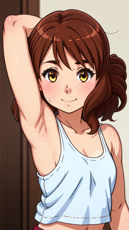 masterpiece, best quality, looking at viewer, upper body, portrait, looking at viewer, seductive smile, put your hands behind your head, armpits, armpits visible, sweaty armpits, kumiko, very small breasts, brown hair, wearing tanktop, no bra
