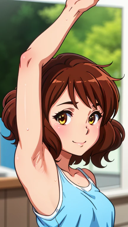 masterpiece, best quality, looking at viewer, upper body, portrait, looking at viewer, seductive smile, put your hands behind your head, armpits, armpits visible, sweaty armpits, kumiko, very small breasts, brown hair, wearing tanktop, no bra