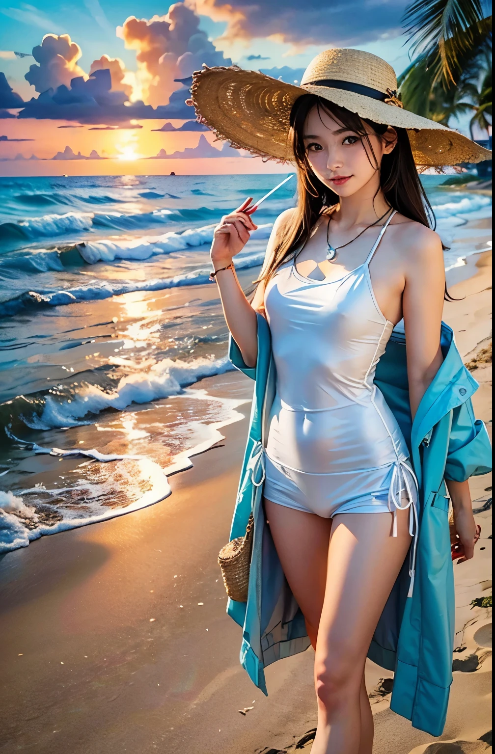 ((highest quality、8k、masterpiece:1.3))、Sharp focus:1.2、(Realistic、Photorealistic:1.37)、((Beautiful smile))、Focus on the viewer、Woman with beautiful face、(((32 years old)))、Large Breasts、Long eyelashes、Colored Contact Lenses、big 、Delicate、Very fine grain、Very fine eyebrows、(Sharp eyebrows)、(Thin eyebrows)、Very very very detailed face、((Brunette short messy hair)),Dressed、Detailed Background(8k、masterpiece、highest quality、Raw photo)
Please draw a Japanese woman walking on Legian Beach in Bali.。In the background、Please describe the unique scenery of Legian Beach in detail.。
The wide white sand of Legian Beach、Please draw it so that it can be seen far into the distance。On the beach、The gentle waves are ebbing and flowing。
The vivid blue sea and clear blue sky spread out before you.、I can see the horizon in the distance。The sky is dotted with white clouds、Emphasizes the resort feel。
People enjoying surfing on the beach々、Tourists sunbathing、Beach chairs and colorful umbrellas are scattered around。Also、Make sure you also see the cafes and bars along the beach.。
Palm trees line the beach、It creates a tropical atmosphere.。
The time zone is evening、Draw the moment when the orange sun sinks into the ocean.。The light of the setting sun reflects on the sea surface、It creates a beautiful gradation。
Women are lightly dressed、Dressed appropriately for the beach。for example、Light-colored summer dresses, shorts and tank tops、Beach sandals, etc.。He is holding a straw hat and sunglasses in his hands.。
A woman is walking along the beach、Gazing at the sunset and smiling。In a relaxed manner、He is walking while holding his hat with his right hand.。
Women should wear simple accessories、for example腕にブレスレットや、She wears a small pendant around her neck.。
Picture a surfboard leaning against the wall nearby.。Emphasizes the surfing beach vibe。
A group of people enjoying beach volleyball in the distance、People jogging along the beach々Please add this to the description。