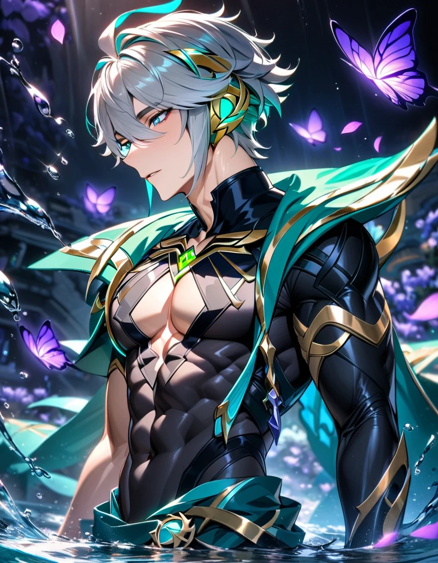 absurdres, highres, ultra detailed, HDR, master piece, best quality, perfect face, Alhaitham, gray hair, expressive blue eyes, Genshin Impact, solo, sexy man, handsome, toned chest, sensual, erotic, black tight shirt, green cape, water with purple petals floating inside, purple flowers, purple butterflies