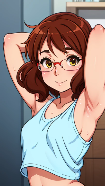 masterpiece, best quality, looking at viewer, upper body, portrait, looking at viewer, seductive smile, put your hands behind your head, armpits, armpits visible, sweaty armpits, kumiko, very small breasts, brown hair, wearing tanktop, no bra, wearing glasses, cum on her armpits