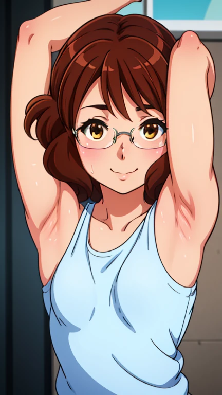 masterpiece, best quality, looking at viewer, upper body, portrait, looking at viewer, seductive smile, put your hands behind your head, armpits, armpits visible, sweaty armpits, kumiko, very small breasts, brown hair, wearing tanktop, no bra, wearing glasses, cum on her armpits