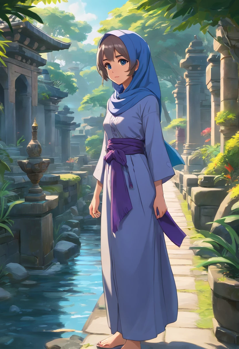 3dmm style, ((Masterpiece, best quality, photography, detailed skin, realistic, photo-realistic, 3D Character Design, pixar, real cartoon, 8k, highly detailed, full length frame, High detail RAW color art, diffused soft lighting, shallow depth of field, sharp focus, hyperrealism, cinematic lighting, ((close up)) hijab, a mature woman in a beautifully makeup, purple eyeshadow, brown beautiful big eyes, long eye lashes, wearing ((blue satin headscarf), loosely tide hijab style), (gray satin pario dress), walking in the middle of Bali garden, Ancient Bali architecture, rockery, arch, corner, tree, running water