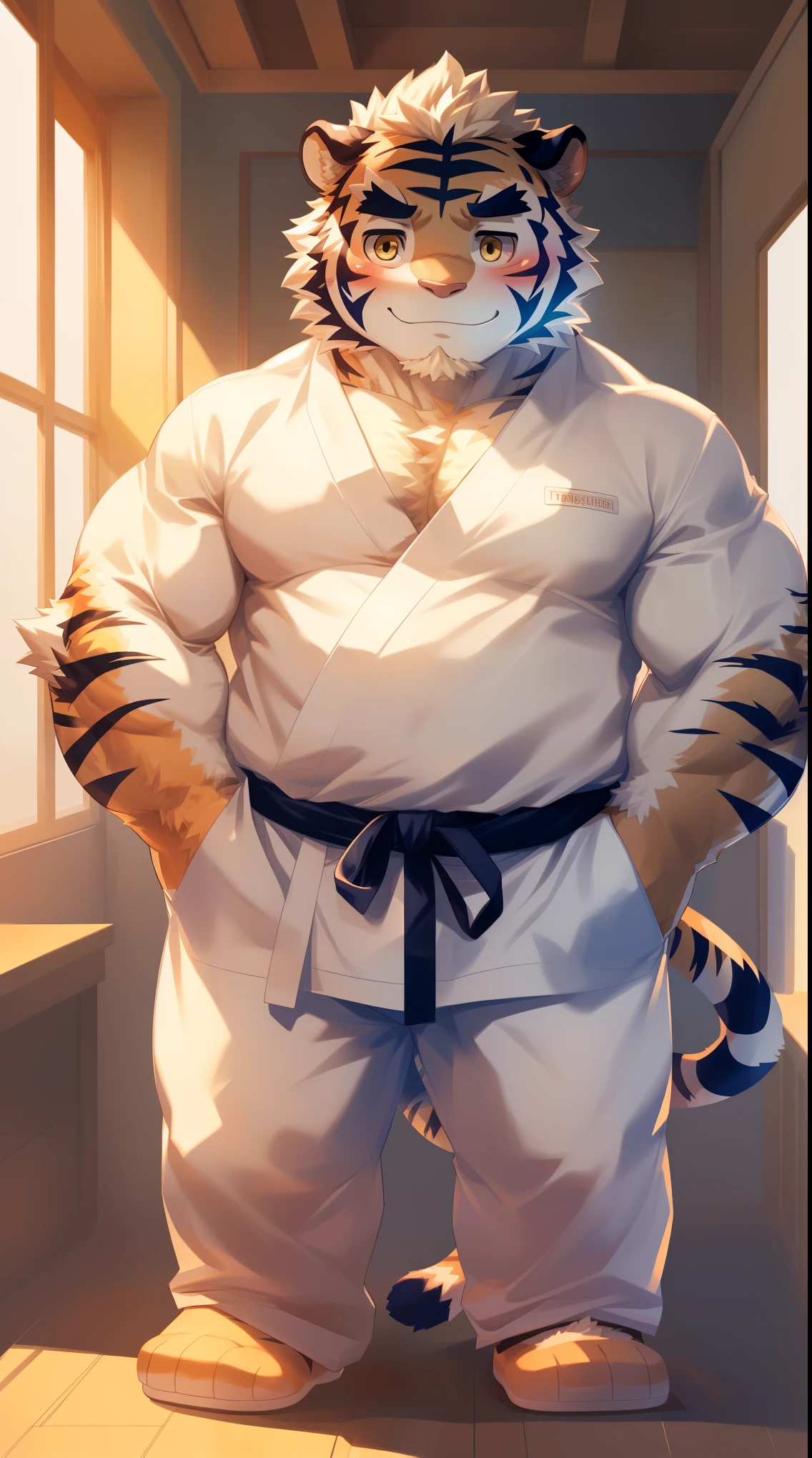 Solitary, anthropology, hairy, hairy male, Tiger, ((Fluffy fur, Fluffy, hairy body)), (Tiger印), (short beard), youth, muscular, White skin, White big muscle, Golden pupils, defaced face, Fundos, Karate Master, White costume, Black belt,pink tit clusters, Very long legs, Standing in the training room, Small bump, (Hands in pockets), (sideways:1.5), Shy expression, A faint smile, blush, Golden pupils, (Turn your head to look at the audience), Clear facial features, Strong, (Bottom view:1.4), majestic, solitary, Full body image, Fog atmosphere, early morning, Tyndall rays, (through empty ghost, From tiger26, masterpiece, high quality, high resolution,8k), permanent, Full body portrait, (Vision), indoor