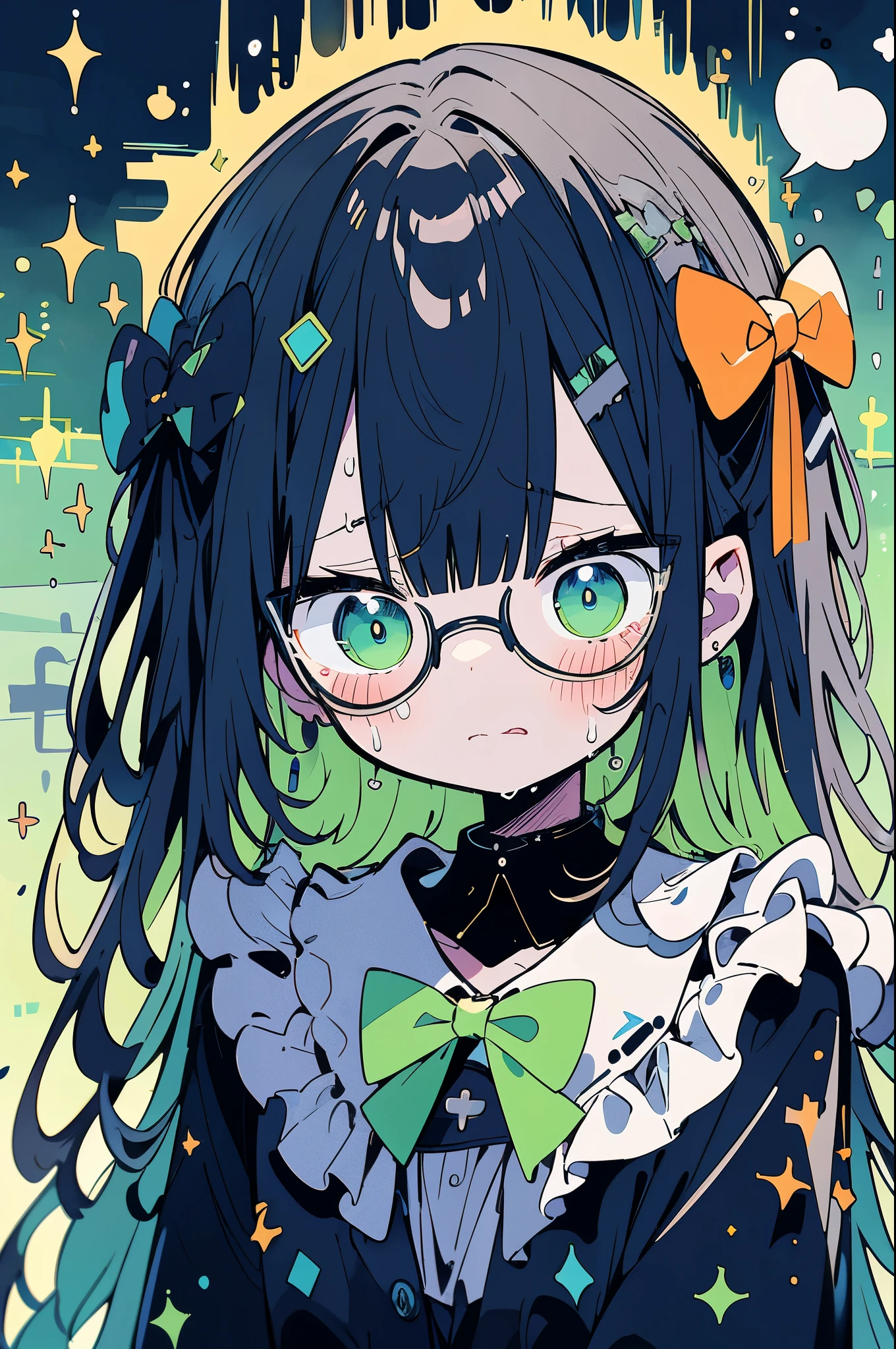 In addition, include a villain like a charming and creepy little round marimo with bright green fur in the same scene. This villain wears oversized round glasses that complement his curious and intelligent appearance, but his eyes glow ominously in the dark. The fur is fluffy, neatly layered, and has an orange spot on the chest that looks like a small bow tie, giving it a strange and disturbing look. This character is electrified and crying after receiving an electric shock from his fist. Both characters create an intense atmosphere that emphasizes the epic scale and dramatic tension against the backdrop of dramatic golden light emanating from the impact of a mechanical needle, blending whimsical and terrifying to create a magical yet eerie composition.