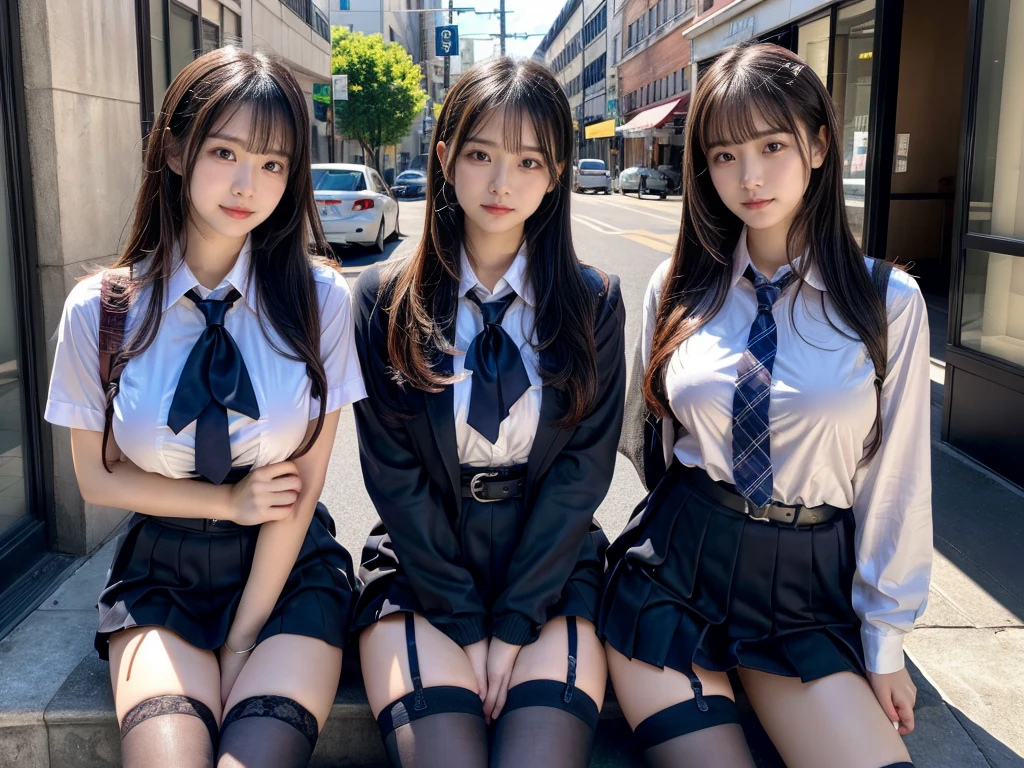 (8K, Raw photography, top-quality, ​masterpiece:1.2), master piece, best quality, illustration, Super detailed, fine details, High resolution, 8K,wall paper, perfect dynamic composition,(Details High quality, realistic depiction of eyes:1.3), ((2 girls, 2 schoolgirls)), The background is a luxury hotel room、High school girl uniform、blazer 、Super Short Check Uniform Skirt、Navy blue high socks、garterbelts、Colossal tits、Disturbed uniform, Play with each other,Touching each other's bodies,Touching the body of the girl next door, short bob hair, black hair color, huge breasts, Big Natural Color Lip, bold sexy pose, (perfect body shape), crying a little、cold gaze,  Beautiful makeup,glitter makeup,Cutest 18 years old, beautiful legs, hposing Gravure Idol, Voluptuous thighs
