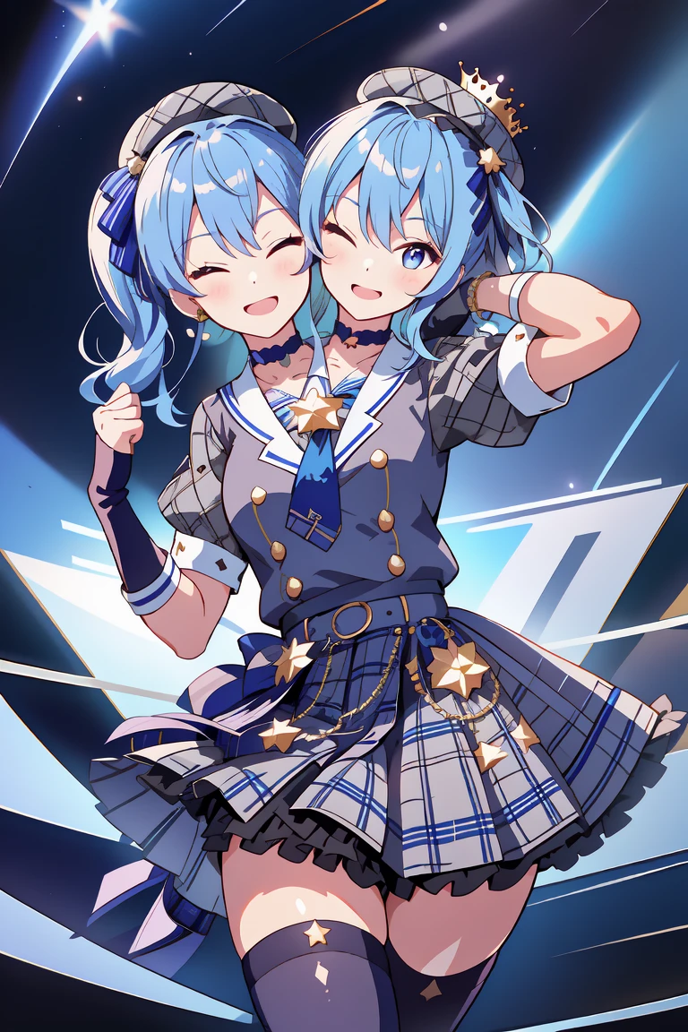 (masterpiece, best quality), best resolution, 16k, (2heads:1.5), close-up, 1girl, solo, HoshimachiSuisei, side ponytail, blue hair ribbon, SuiseiBase, plaid beret, crown, blue star choker, star earrings, blue ascot, plaid jacket, plaid skirt, layered skirt, partially fingerless gloves, star bracelet, uneven legwear, thigh strap, (standing, stand straight), cheek-to-cheek, (((looking-at-the-sky))), smiling, mouth close, one eye closed, (((left hand raise up, left arm raise straight, right arm Akimbo))), concert stage, starfield, spotlight