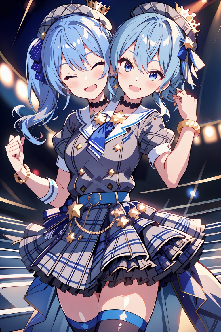 (masterpiece, best quality), best resolution, 16k, (2heads:1.5), close-up, 1girl, solo, HoshimachiSuisei, side ponytail, blue hair ribbon, SuiseiBase, plaid beret, crown, blue star choker, star earrings, blue ascot, plaid jacket, plaid skirt, layered skirt, partially fingerless gloves, star bracelet, uneven legwear, thigh strap, (standing, stand straight), cheek-to-cheek, (((looking-at-the-sky))), smiling, mouth close, one eye closed, (((left hand raise up, left arm raise straight, right arm Akimbo))), concert stage, starfield, spotlight