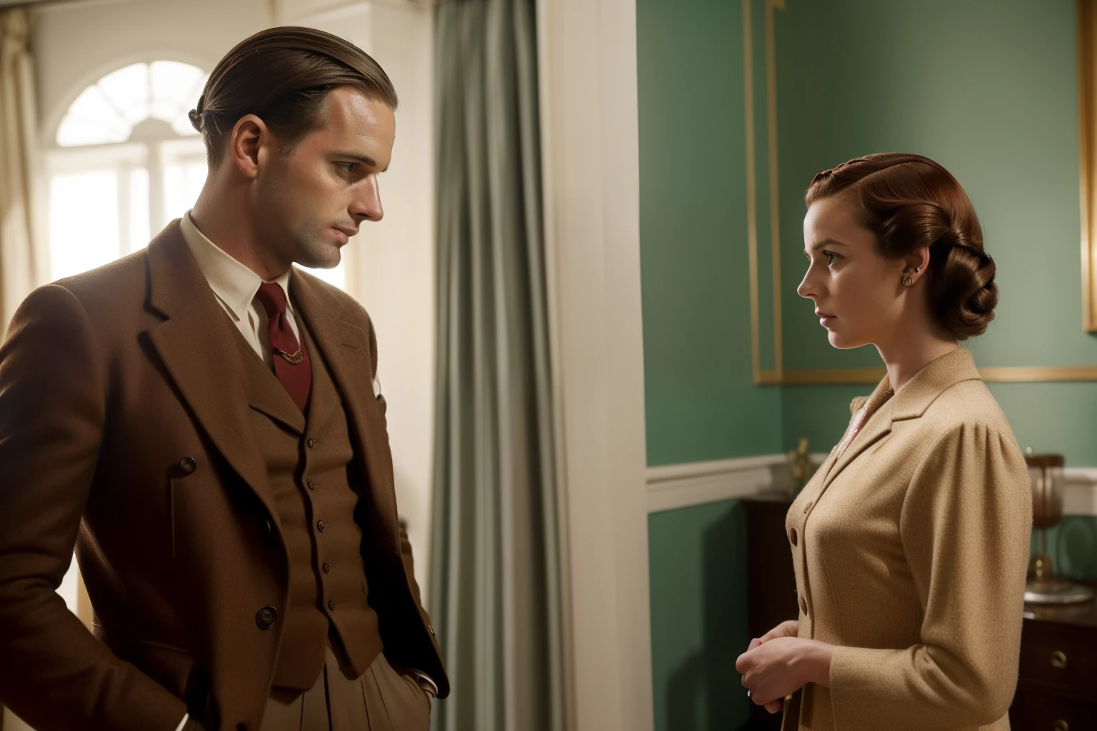 Lisbon, 1941. A young ((((39-year-old)) Marcus Logan)), pale englishman, tall, standing in a luxurious room, talking to his ((girlfriend)) Sira Quiroga, ((intimate, romantic)), ((sad expression)), ((((day clothings from the 1940s)))), ((messy chestnut hairstyle of the 1940s)), ((colorful))