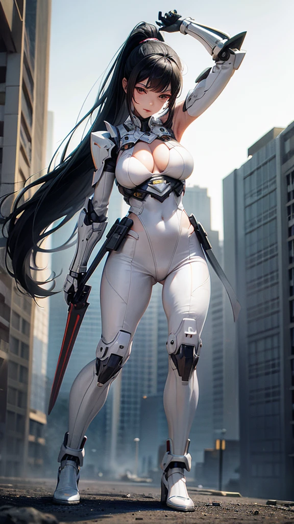 long black hair woman, Ponytail, Chest, cleavage, White leggings, White sci-fi fluorescent armor, High heel,whole body, knight sword, apocalyptic ruined city