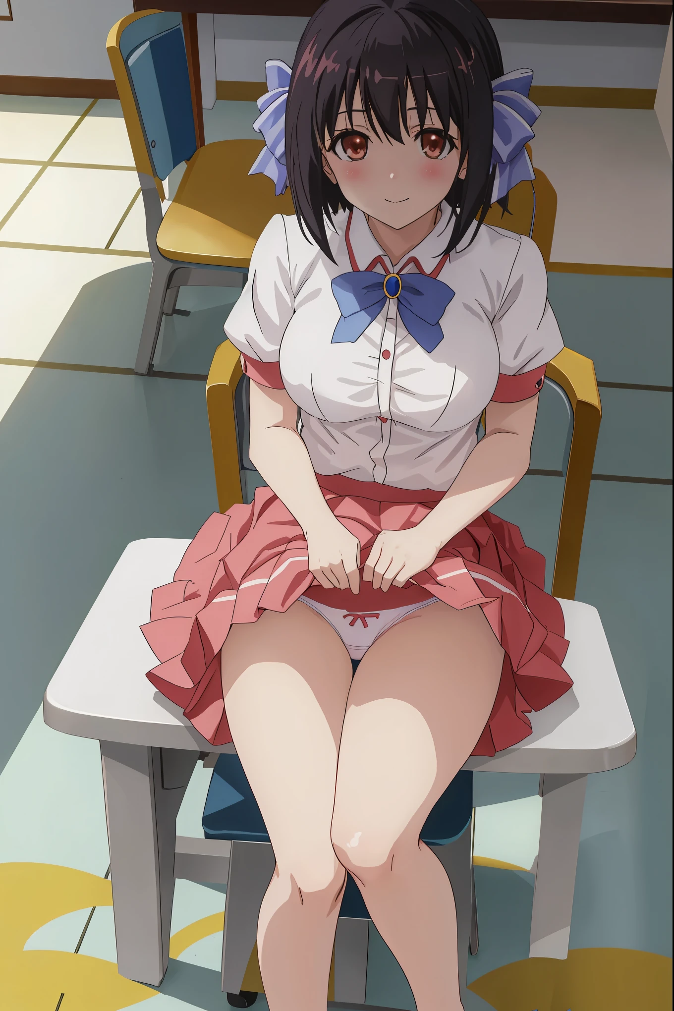 [anime styled]],[[digitalart]],1girl,solo,(portrait),from above,Tomomi_saikyou,black hair,Short hair,bob cut,hair ribbon,midium build,1girl in,short torso,anime screen cap,cel shading,smile, blush,(strong light),((brighten the subject)),classroom,(chair),(sitting),shirt,short sleeves,summer uniform,skirt,((upskirt)),((skirt lift)),((tucking up the skirt)),(panties),show off panties