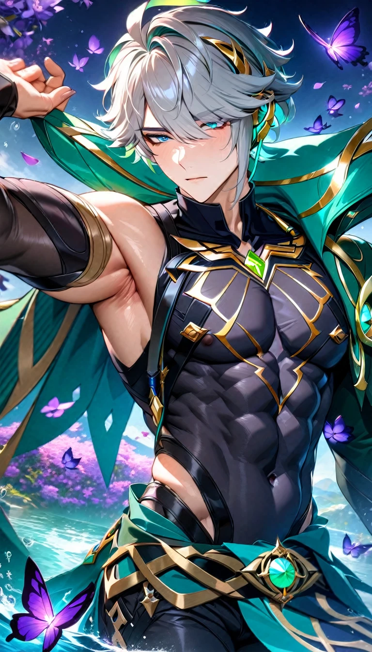 absurdres, highres, ultra detailed, HDR, master piece, best quality, perfect face, Alhaitham, gray hair, expressive blue eyes, Genshin Impact, solo, sexy man, handsome, toned chest, sensual, erotic, black tight shirt, green cape, water with purple petals floating inside, purple flowers, purple butterflies
