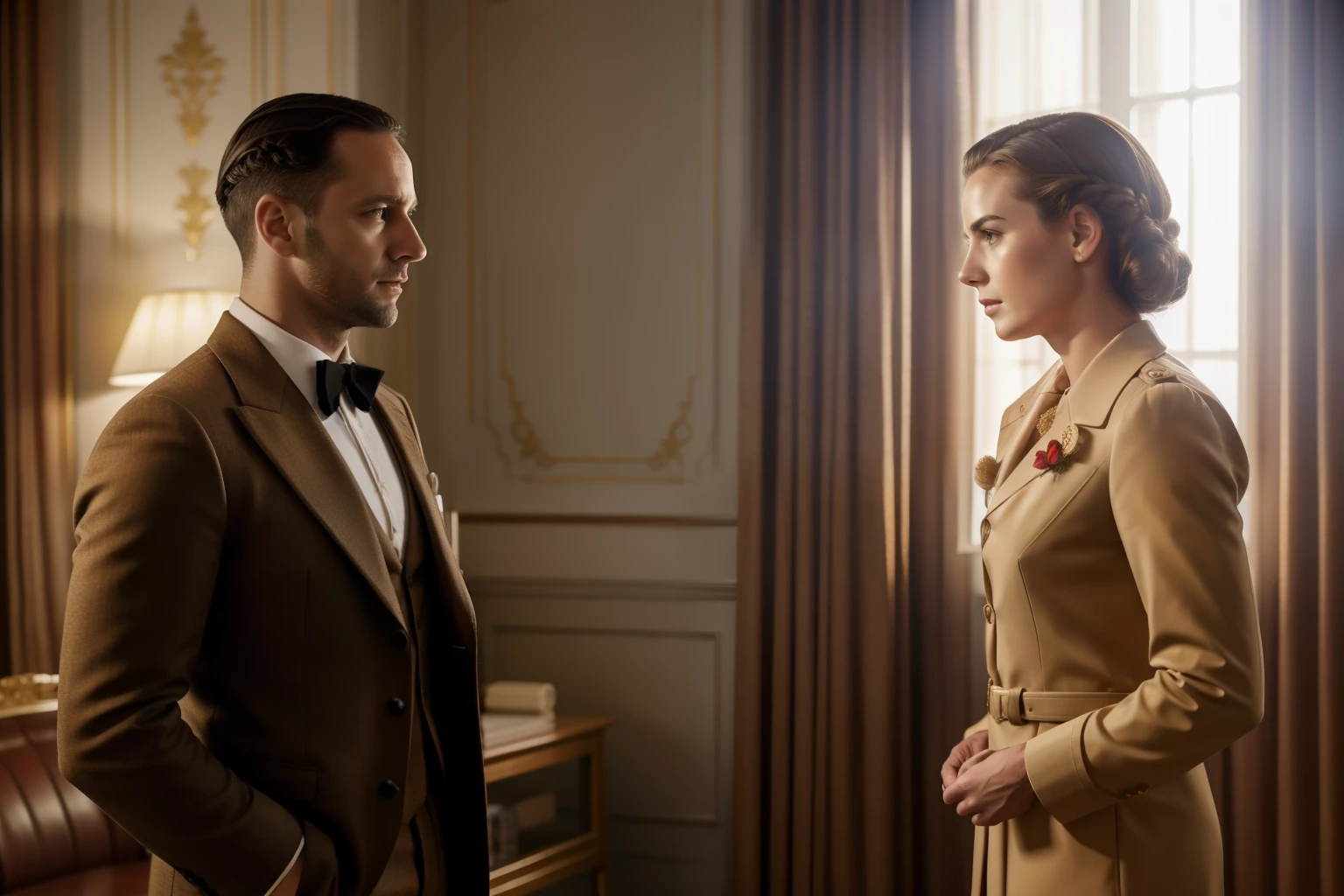 Lisbon, 1941. A young ((((39-year-old)) Marcus Logan)), pale englishman, tall, standing in a luxurious room, talking to his ((girlfriend)) Sira Quiroga, ((intimate, romantic)), ((sad expression)), ((((day clothings from the 1940s)))), ((messy chestnut hairstyle of the 1940s)), ((colorful))