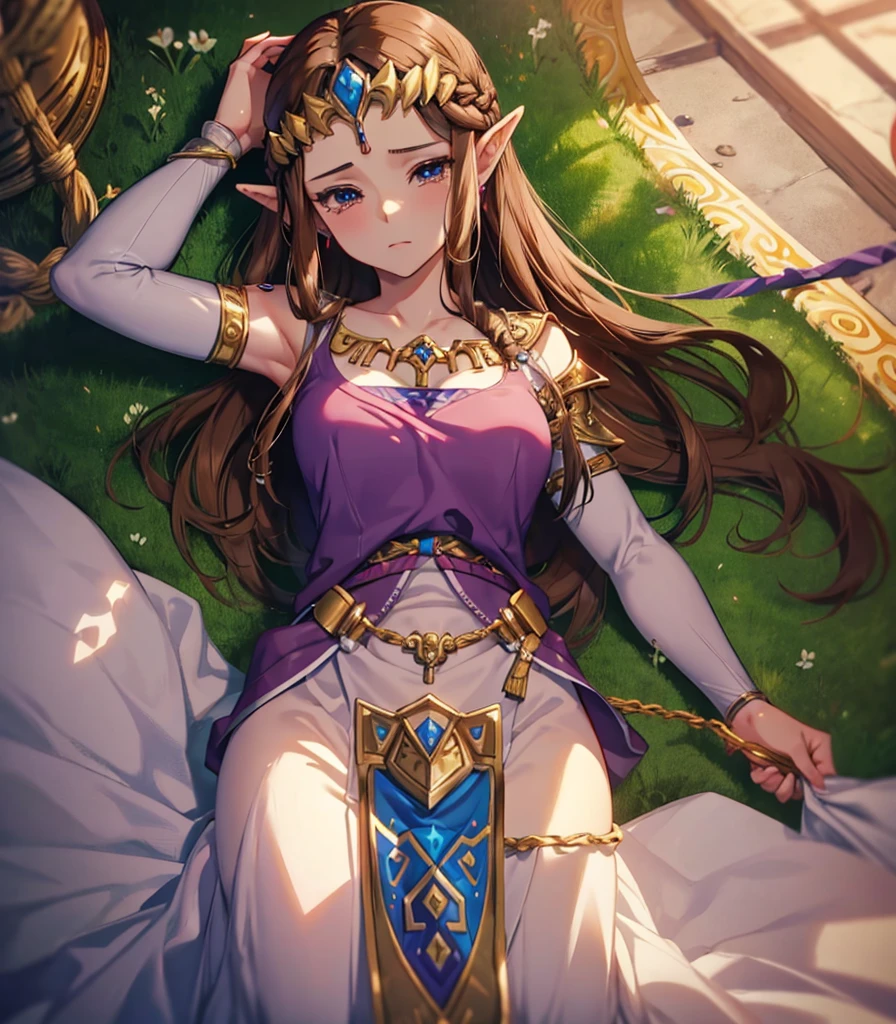 POV,crying,Princess Zelda, ((highest quality)), (Very detailed) ,beauty,Beautiful brown hair,princess zelda, twpr,Half naked,tears,Mature woman, nintendo, the legend of zelda,restrained, shackles, rope