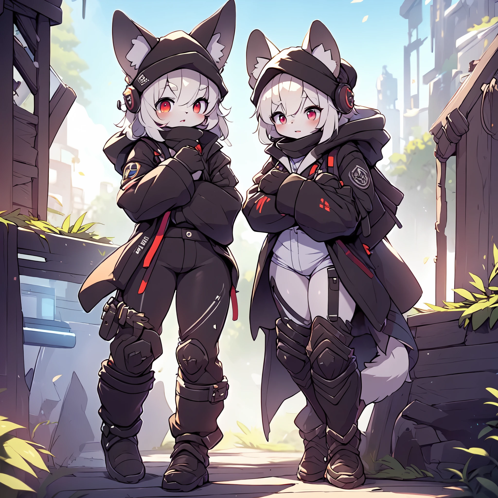 Kawaii, Striped Fluffy Fox, emaciated, long hair, 3girls, artificial synthetic skin, life support prosthetics, digital headphones, black tight latex bodysuit, white long dress, thigh-high-socks, shorts, loose off-the-shoulder hood open jacket, holsters in thigh, Mechanical boots, tactical knee pads, tactical belted loose Arm Sleeves, cybernetic Display gloves, chest rigs, tactical belts, blue archive halo, bulletproof goggles on forehead, from Ark nights, ray tracing, depth of field, bloom, masterpiece, ccurate, high details, highres