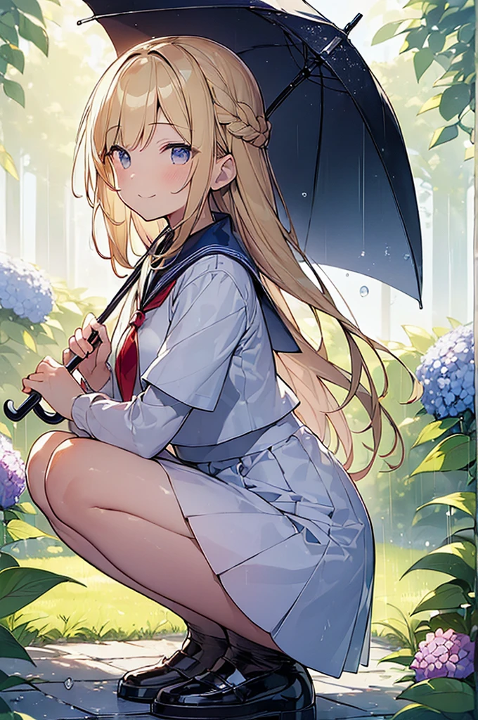 (Masterpiece, Top quality: 1.5), (side view:1.2), (1 beautiful blond hair girl), Many hydrangea flowers, (squatting:1.2), Gazing at flowers,(Short-sleeved sailor suit、Navy Skirt、Red tie), beautiful scene, rainy, dim, Holding a big umbrella, (junior high school student), soft line drawing, digital enhancement, smile ,long hair, braid, entangle, dynamic pose