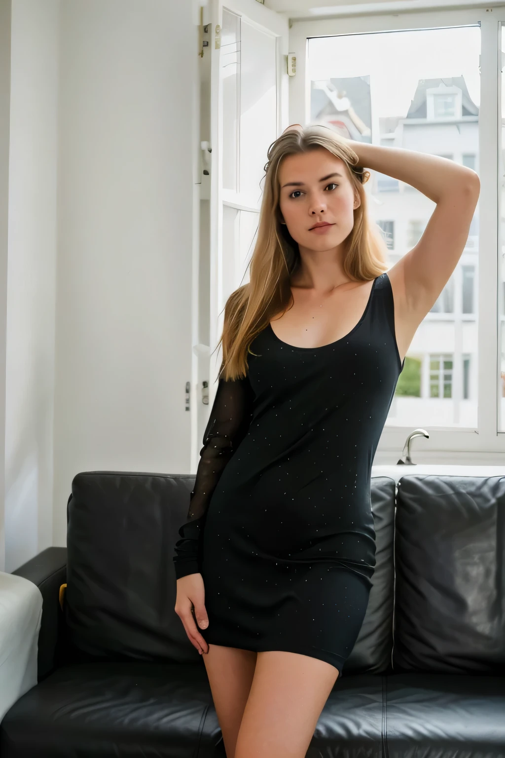 realistisches Foto, a realistisches Foto of 18yo,wearing a tight dress, blondes langes Haar,zuhause,auf der couch, (1 girl), (extrem detailliertes CG Unity 8k-Hintergrundbild), Photo of the most beautiful work of art in the world, professional majestic (Fotografie von Steve McCurry), 8k uhd, dslr, sanfte Beleuchtung, good quality, Filmkorn, Fujifilm XT3 scharfer Fokus, f 5.6, hohe Detailgenauigkeit, scharfer Fokus, dramatisch, (Betrachter betrachten:1.2), (detailed students:1.3), (natural light),