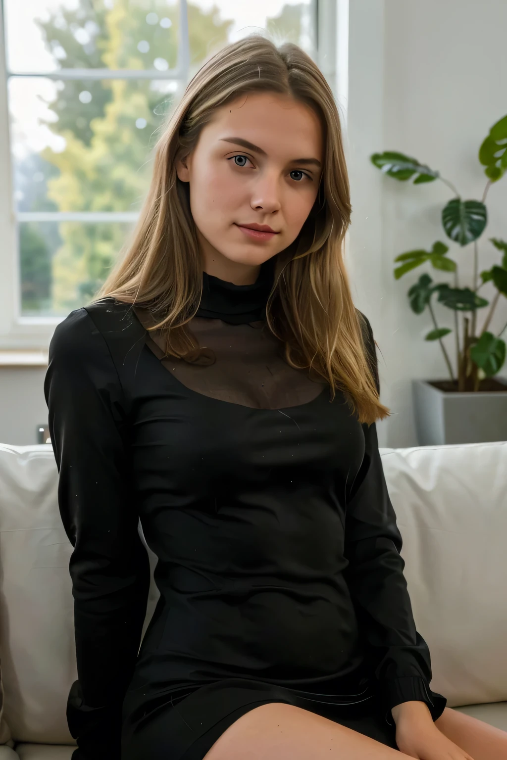 realistisches Foto, a realistisches Foto of 18yo,wearing a tight dress, blondes langes Haar,zuhause,auf der couch, (1 girl), (extrem detailliertes CG Unity 8k-Hintergrundbild), Photo of the most beautiful work of art in the world, professional majestic (Fotografie von Steve McCurry), 8k uhd, dslr, sanfte Beleuchtung, good quality, Filmkorn, Fujifilm XT3 scharfer Fokus, f 5.6, hohe Detailgenauigkeit, scharfer Fokus, dramatisch, (Betrachter betrachten:1.2), (detailed students:1.3), (natural light),