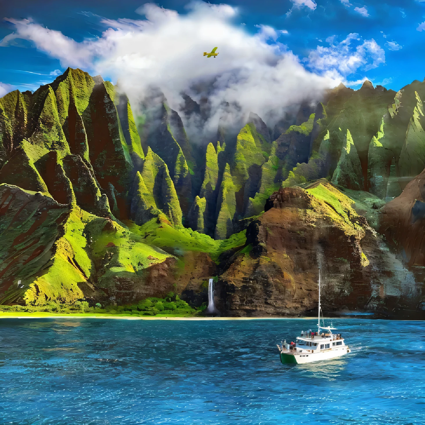 arafed boat in the water near a mountain with a waterfall, kauai, mountains and ocean, majestic nature scenery, hawaii, kauai springtime, epic matte painting of an island, ( ( ( ( kauai ) ) ) ), ( ( ( kauai ) ) ), space ship above an island, breathtaking composition, breathtaking scenery, magnificent background, epic and stunning, incredibly beautiful