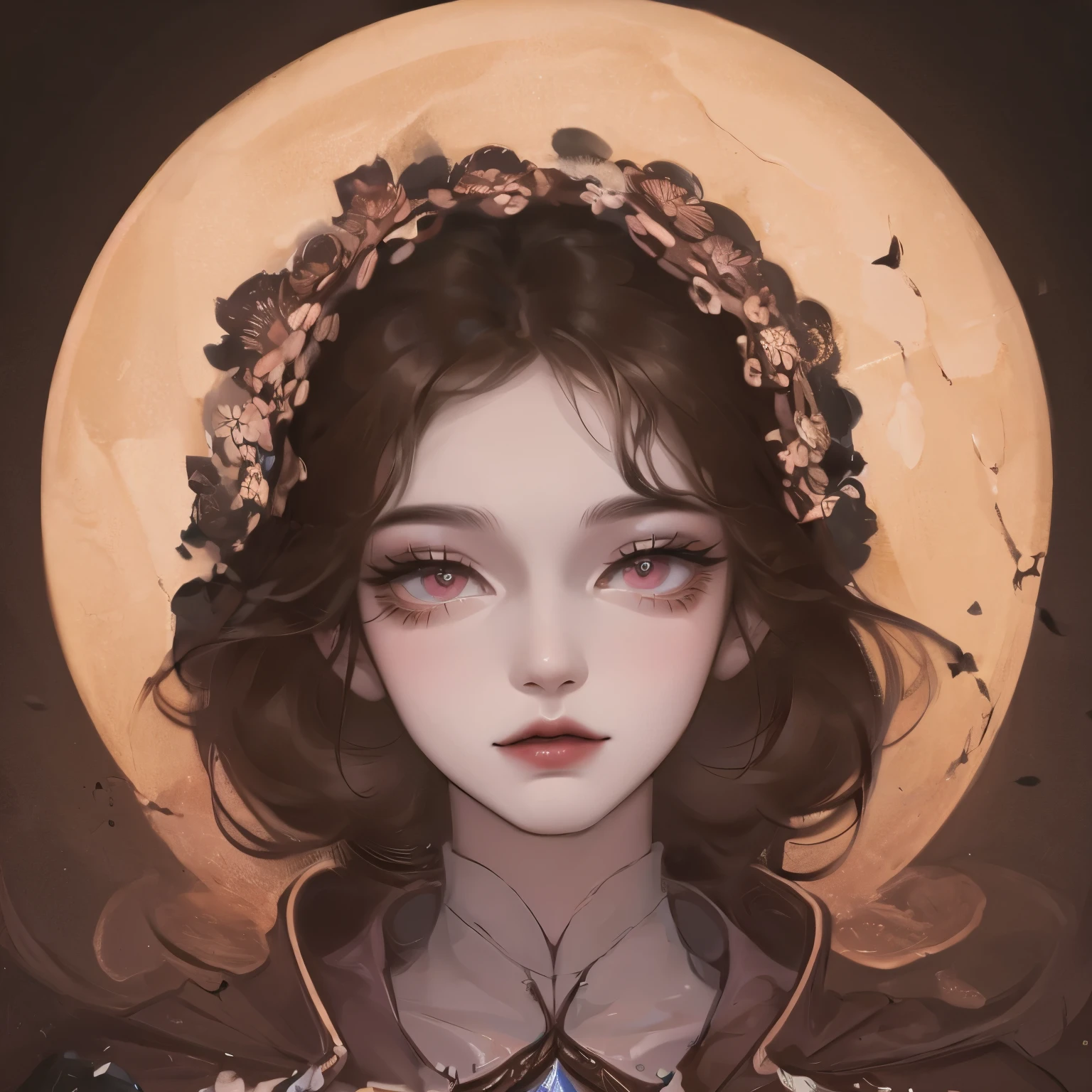 (masterpiece),(best quality), illustration, (fantasy:1.4), long brown hair, Long eyelashes, Solid round eyes, A faint smile, Surrealism, shadow, Relief, Stereogram, Atmospheric perspective, 8K, Super Detail, precise, best quality, Ultra HD, Textured Skin, Long skirt, A moon, Flowers , Paper_cut