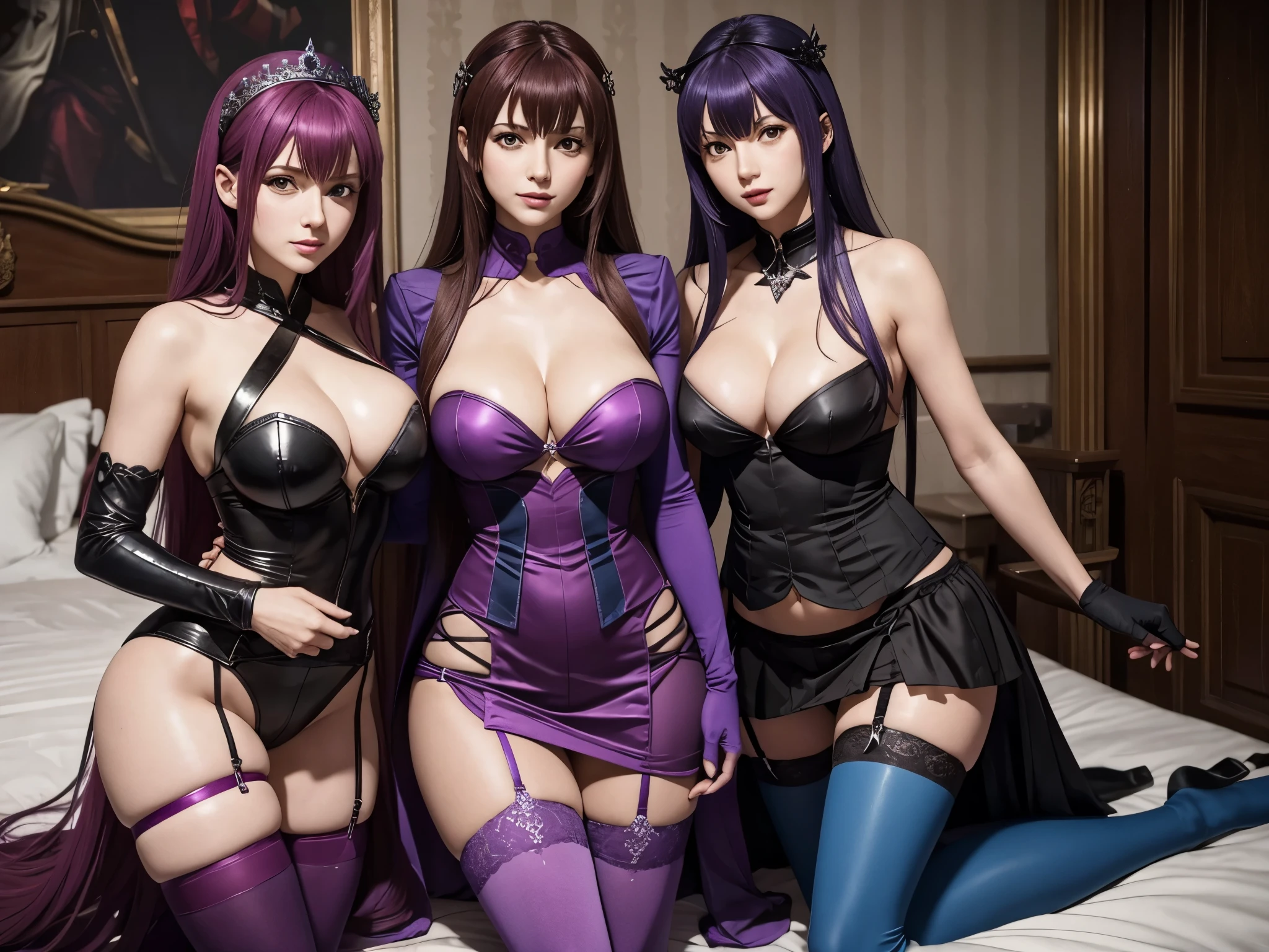 Photorealistic, 2 girls: [Scathach and Arturia Pendragon from FGO, Fate Grand Order, both girls wearing maid cosplay (Scathach wears purple, Saber wears blue or red), stockings and tights, garter belt, short skirt, high heels, long gloves, long hair, vivid lipstick], photo from head to toes, full body shot, seductive pose, inside the palace bedroom