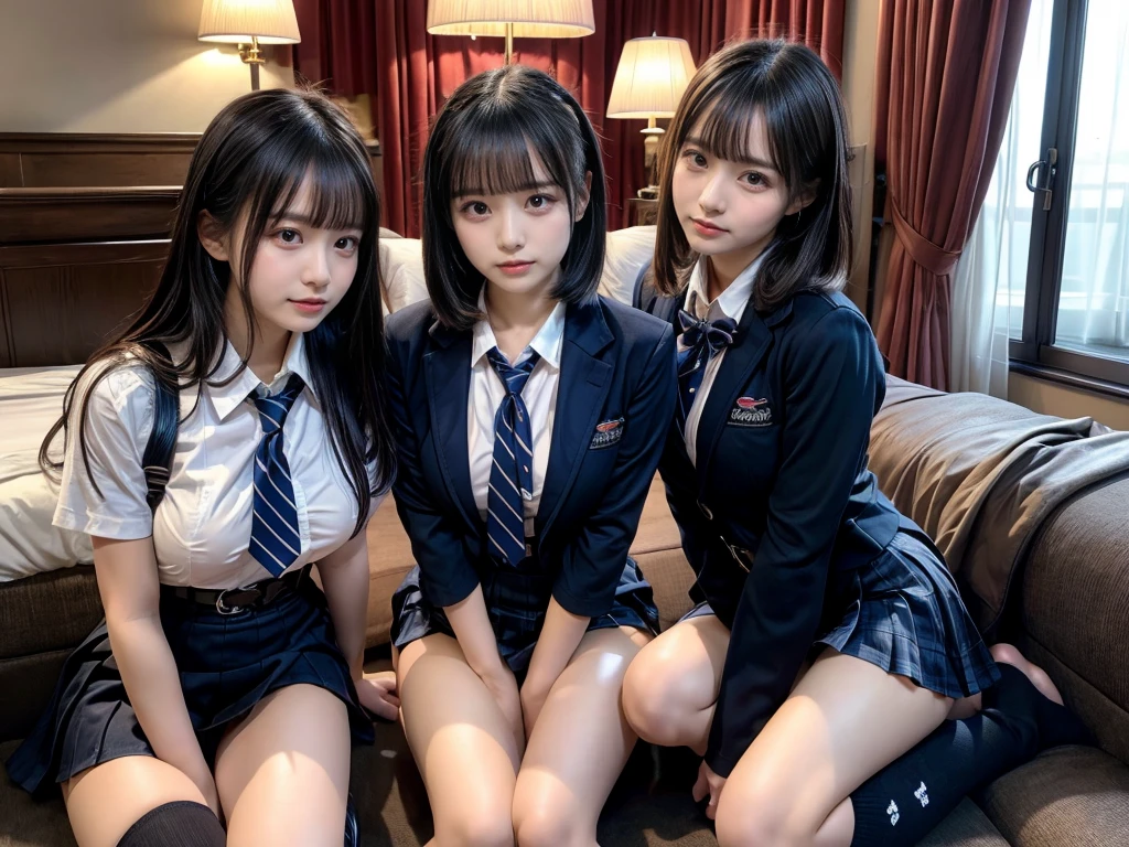 (8K, Raw photography, top-quality, masterpiece:1.2), master piece, best quality, illustration, Super detailed, fine details, High resolution, 8K,wall paper, perfect dynamic composition,(Details High quality, realistic depiction of eyes:1.3), ((2 girls, 2 schoolgirls)), The background is a luxury hotel room、High school girl uniform、blazer 、Super Short Check Uniform Skirt、Navy blue high socks、garterbelts、Colossal tits、Disturbed uniform, Play with each other,Touching each other's bodies,Touching the body of the girl next door, short bob hair, black hair color, huge breasts, Big Natural Color Lip, bold sexy pose, (perfect body shape), crying a little、cold gaze, Beautiful makeup,glitter makeup,Cutest 18 years old, beautiful legs, hposing Gravure Idol, Voluptuous thighs