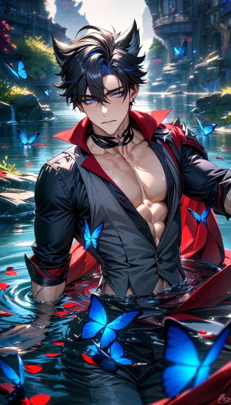 absurdres, highres, ultra detailed, HDR, master piece, best quality, perfect face, Wriothesley, black hair, expressive blue eyes, Genshin Impact, solo, sexy man, handsome, toned chest, sensual, erotic, gray vest, black shirt, red cape, water, blue flowers, blue butterflies, petals