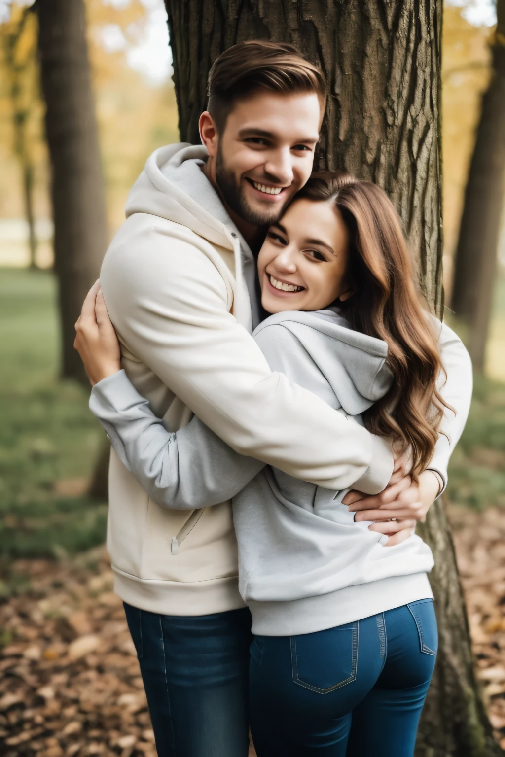 1girl, long hair, looking at viewer, smile, short hair, blonde hair, brown hair, long sleeves, 1boy, jacket, hetero, outdoors, teeth, pants, hood, grin, blurry, tree, hug, hoodie, facial hair, hood down, hug from behind, realistic, white hoodie