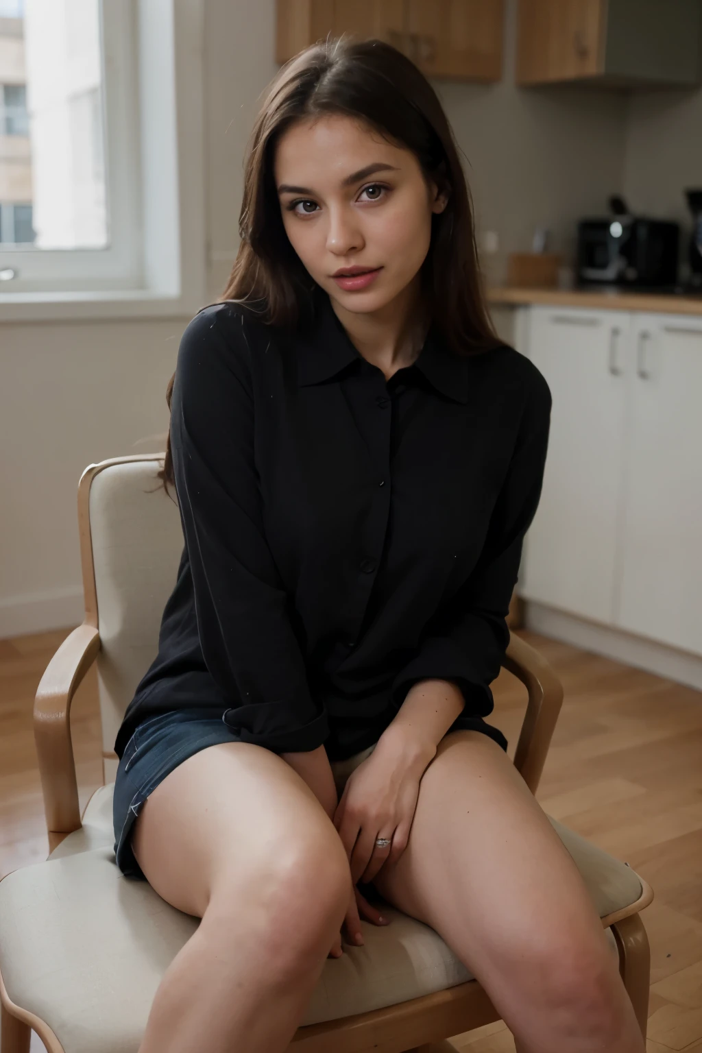 close up of a Swedish woman with dark brown bold eye extremely realistic 36DD breast sitting in a chair sitting on study table sitting in study table with pencil small part under teeth  sitting on study table with pencil under the teeth sitting on the study table in olive green skart with jeans 