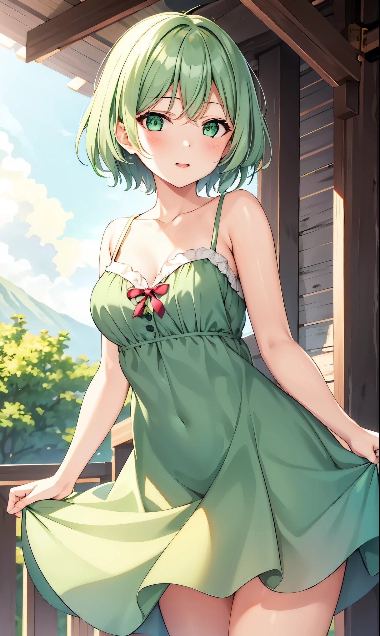 Girl with short green hair, The chest is medium, Green Eyes, Feminine clothing、Full body photo from head to toe、Hot midsummer day、Peachy Butt