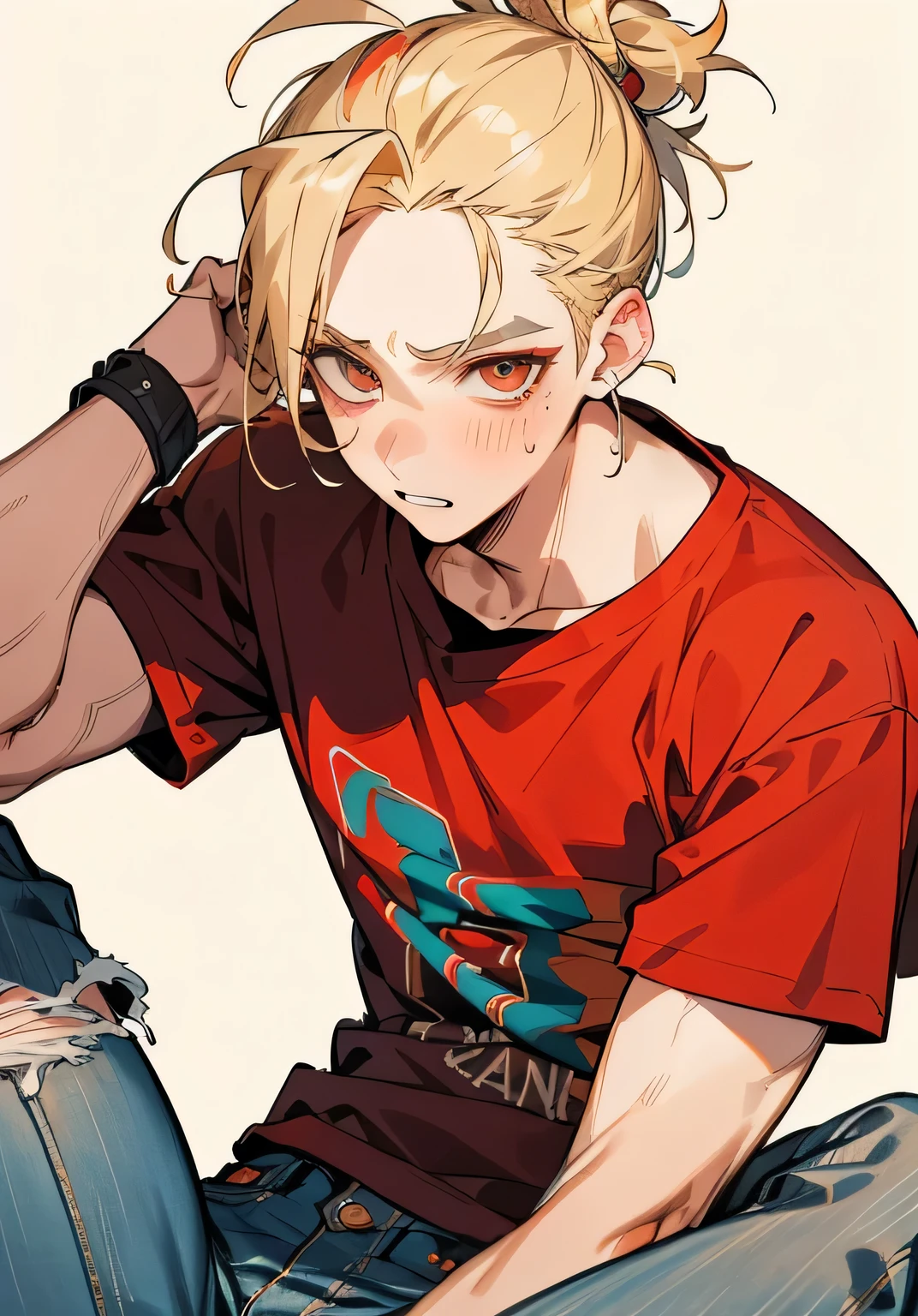 1BOY, cute boy, finely detailed, (best quality), (intricate details), cute style, apocalypse style, dystopian style, multicolored, ((blonde hair in man bun)), best quality, ((messy t shirt and jeans)), ((red clothes)), ((round eyes)), happy look, cute face, flirty look, perfect face, simple background portrait