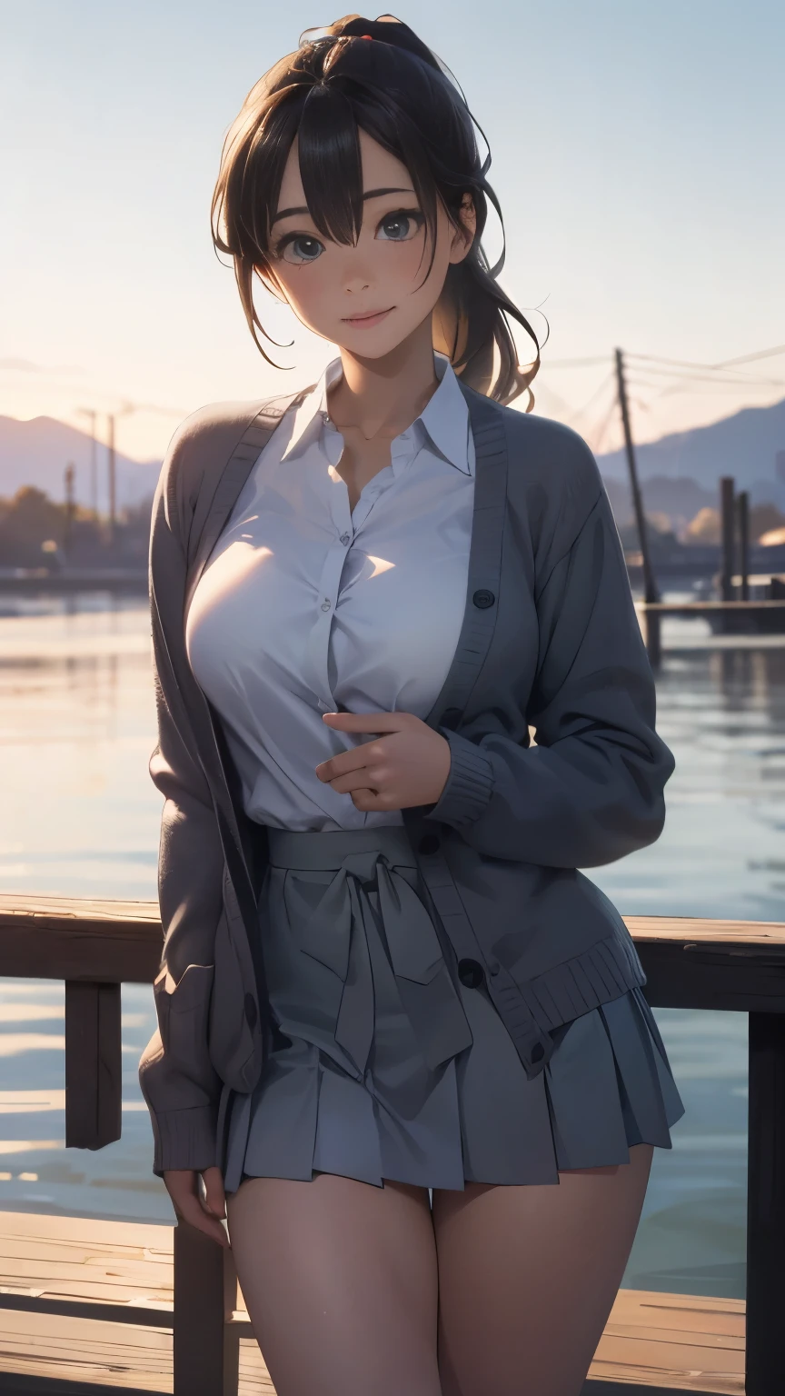 nsfw:1.5,(masterpiece:1.2, highest quality), (Realistic, photoRealistic:1.4), Beautiful illustrations, (Natural Side Lighting, Cinema Lighting),
View Viewer, Cowboy Shot, Front view:0.6, 1 girl, Japanese, high school girl, Perfect Face, Cute and symmetrical face, Shiny skin,
(Long Hair:1.4, High Ponytail:1.7, Light brown hair), Hair between the eyes, Emerald green eyes, Long Eyelashes, (Big Breasts:0.9, Thick thighs),
Beautiful Hair, Beautiful Face, Beautiful fine details, Beautiful clavicle, Beautiful body, Beautiful breasts, Beautiful thighs, Beautiful feet, Beautiful fingers,
((White collared shirt with long sleeves, Navy pleated mini skirt, Navy them, Light Gray Cardigan)), Showing off her pink panties、
(Beautiful views), evening, River side, (Cute smile, Upward glance), ((She's lifting up her skirt:1.5))、Don't show your teeth、((Showing off her breasts:1.5、The button is unbuttoned、Clothes are open、Open the shirt))