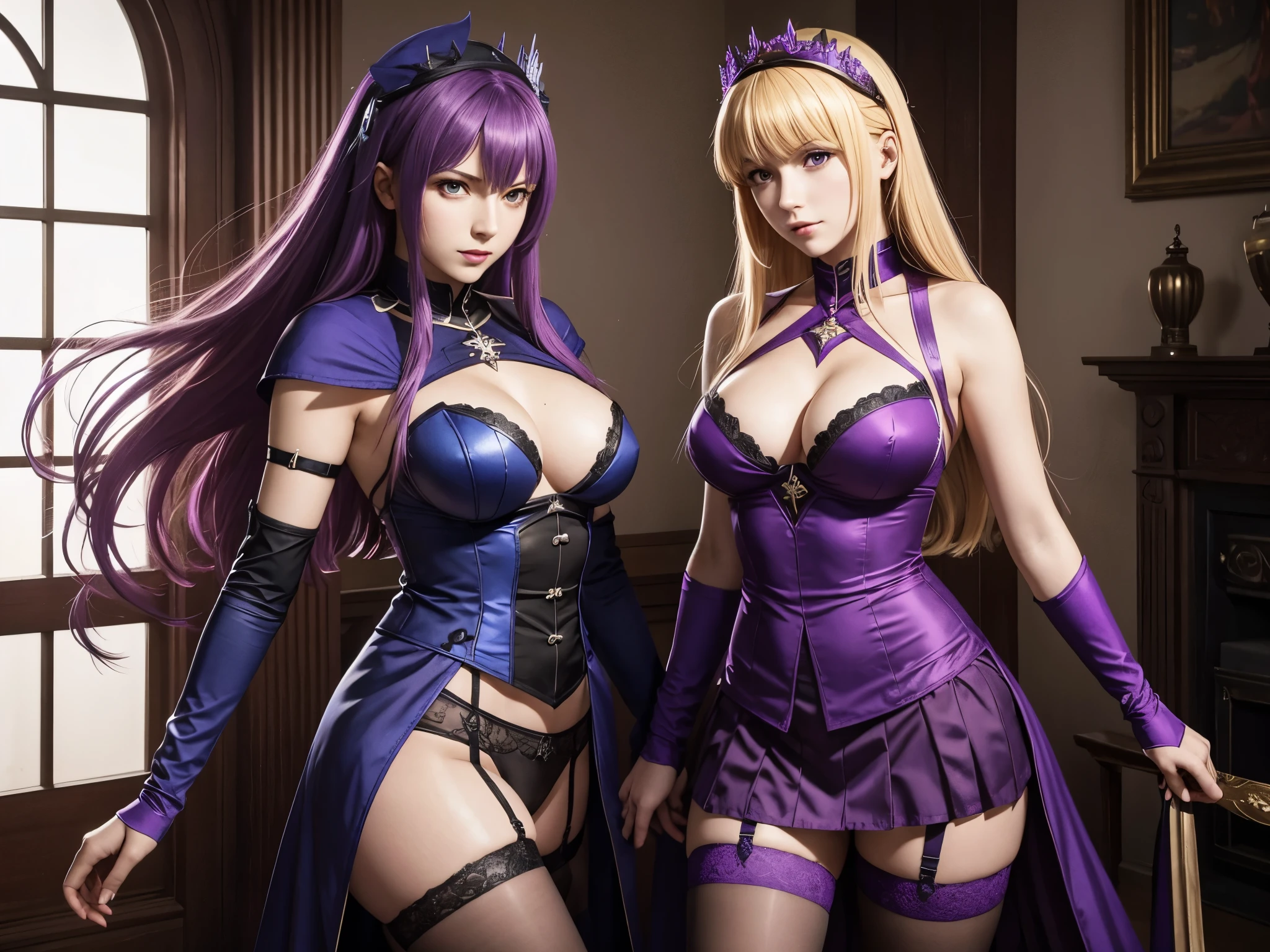 Photorealistic, 2 girls: [Scathach and Arturia Pendragon from FGO, Fate Grand Order, both girls wearing maid cosplay (Scathach wears purple, Arturia wears blue or red), (Scathach has purple hair, Arturia has blonde hair) , stockings and tights, garter belt, short skirt, high heels, long gloves, long hair, vivid lipstick], photo from head to toes, full body shot, seductive pose, inside the palace bedroom