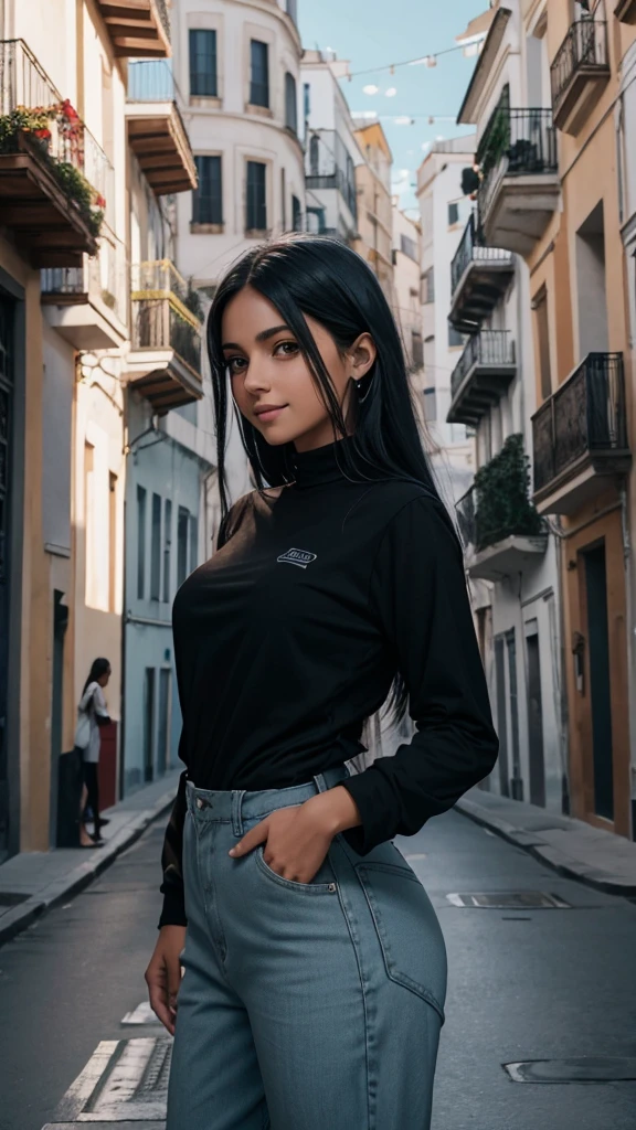 Una joven mujer, cabello largo blanco y azul ojos marrones, mirando al espectador, sonrisa, black shirt with long sleeves past the wrists, pantalones cortos negros, pantalones rojos, de fondo una ciudad de Europa
