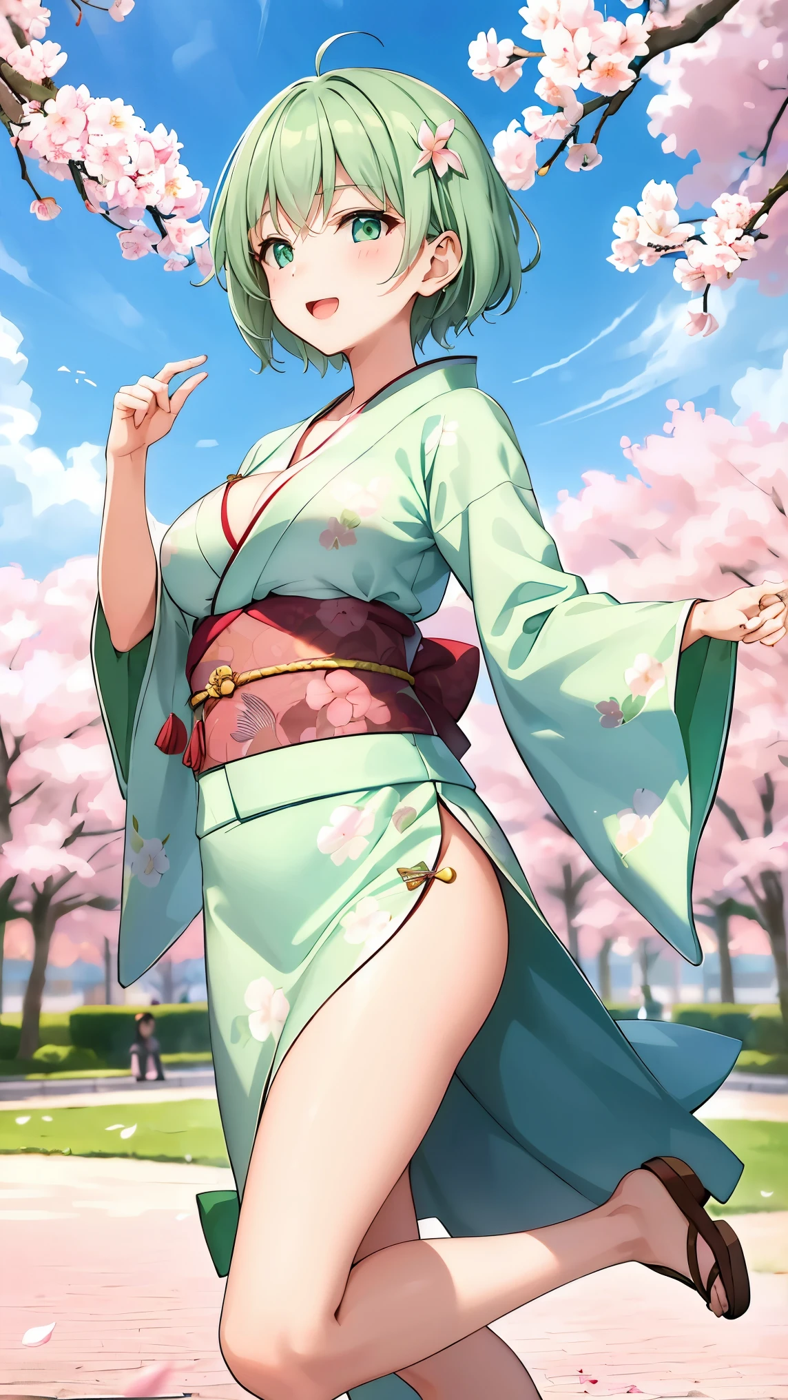 Girl with short green hair, Small breasts, Green Eyes, White Casual Wear Beauty Special、(((tits))),Full body photo from head to toe、Kimono、Patterned Japanese clothing、Cherry tree in full bloom、Fluttering petals、Dance、Dancer、Dancing on stage、Graceful Manners