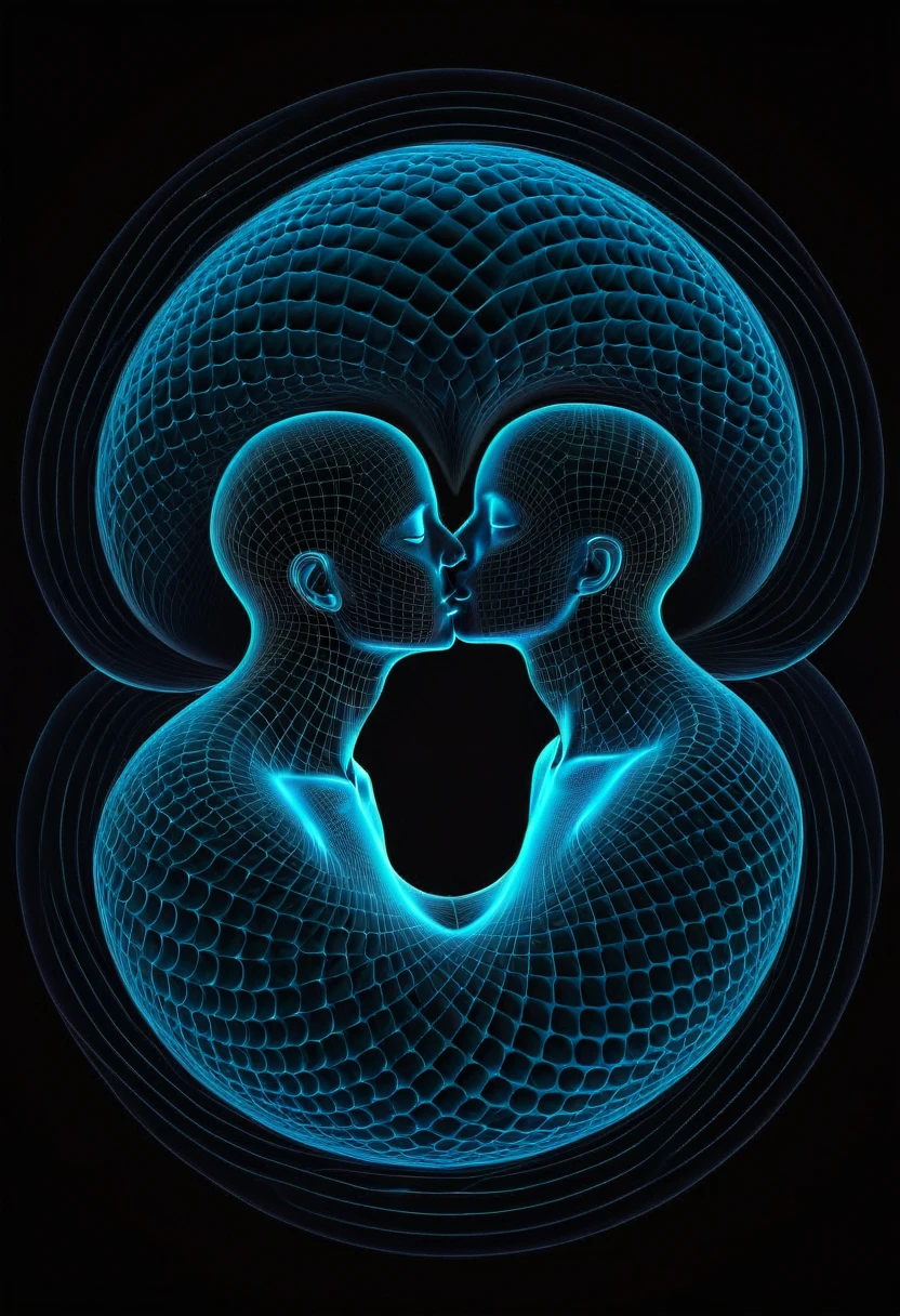 3d sinus wave shaped lovers kissing with passion on fibonacci black hole background, elegant, conceptual, outlined, volumetric, vibrant dmt colors, abstract, minimal intrincated, extra defined