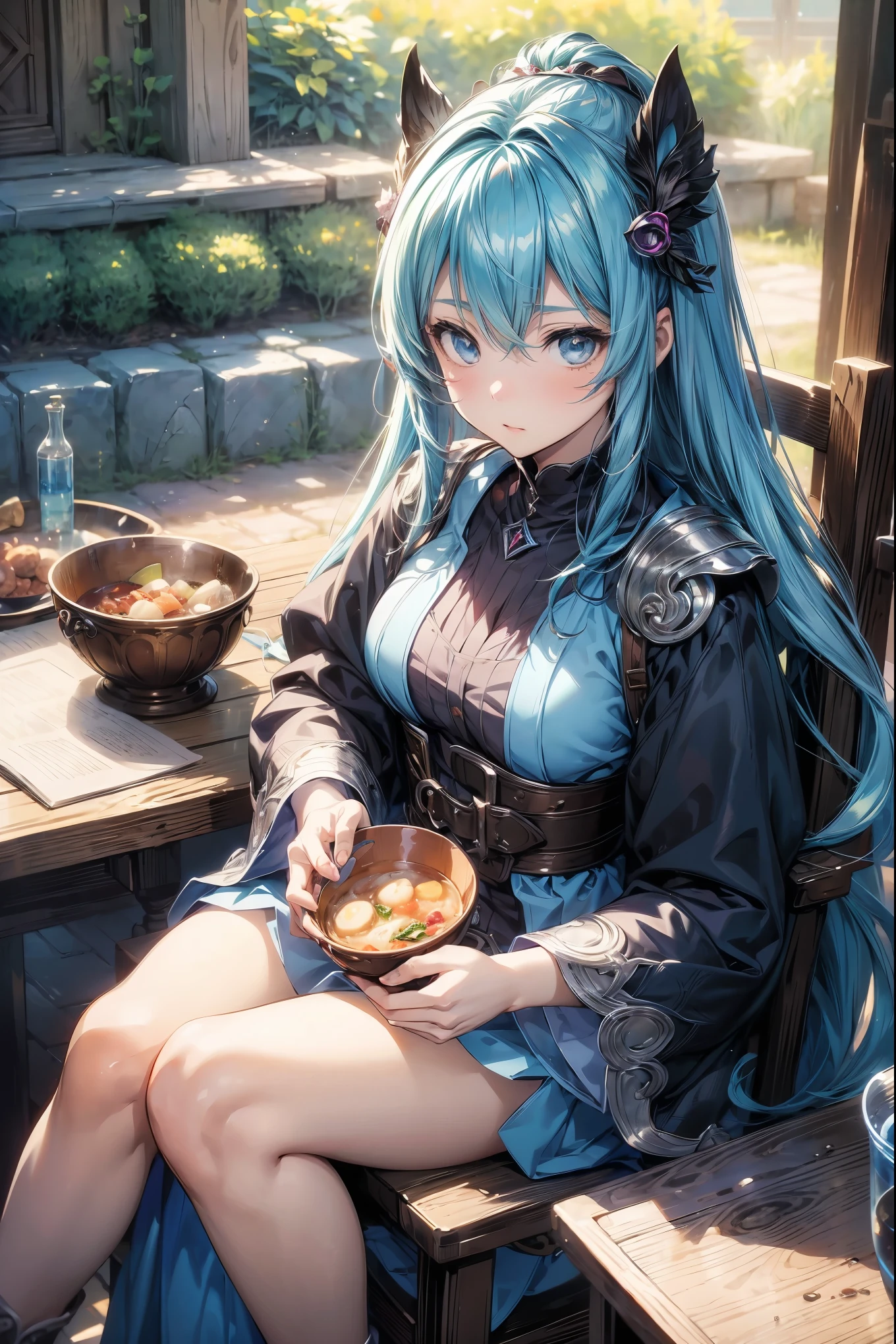 Anime girl sitting in chair，Holding a bowl of food, Alchemy Girl, Light novel cover art, Official Art, Epic Light Novel Cover Art, Official Artwork, epic Light novel cover art, Change, Different world,  Change, Kushat krenz, Kushat, Kushat krenz key art feminine, Shadowverse Style, Moe