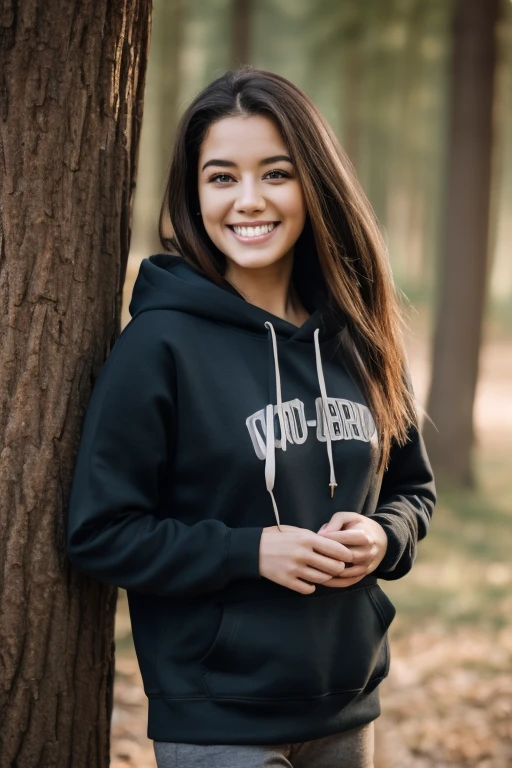 best quality, high resolution, ultra-detailed, extremely detailed, top quality,1girl, long hair, looking at viewer, smile, long sleeves, 1boy, jacket, hetero, outdoors, teeth, pants, hood, grin, blurry, tree, hug, hoodie, hood down, hug from behind, realistic,