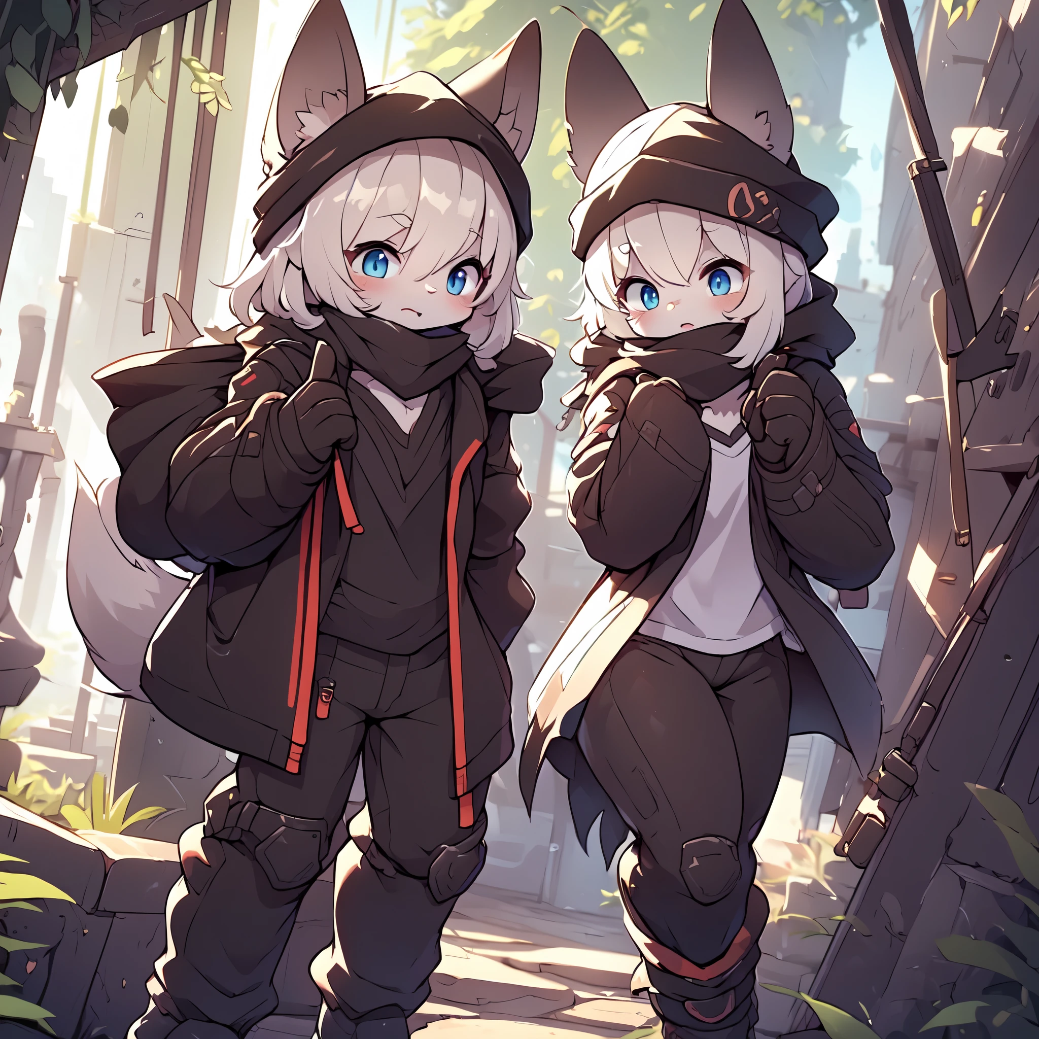 Kawaii, Striped Fluffy Fox, emaciated, long hair, 3girls, artificial synthetic skin, life support prosthetics, digital headphones, black tight latex bodysuit, white long dress, thigh-high-socks, shorts, loose off-the-shoulder hood open jacket, holsters in thigh, Mechanical boots, tactical knee pads, tactical belted loose Arm Sleeves, cybernetic Display gloves, chest rigs, tactical belts, blue archive halo, bulletproof goggles on forehead, from Ark nights, ray tracing, depth of field, bloom, masterpiece, ccurate, high details, highres