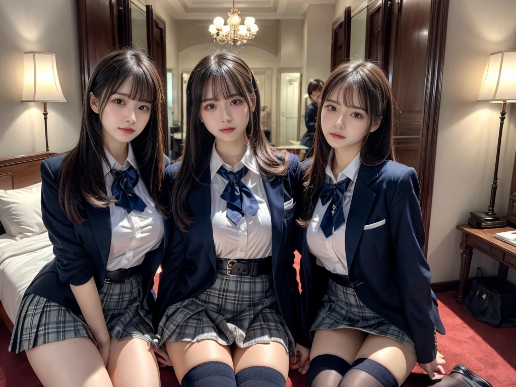 (8K, Raw photography, top-quality, masterpiece:1.2), master piece, best quality, illustration, Super detailed, fine details, High resolution, 8K,wall paper, perfect dynamic composition,(Details High quality, realistic depiction of eyes:1.3), ((2 girls, 2 schoolgirls)), The background is a luxury hotel room、High school girl uniform、blazer 、Super Short Check Uniform Skirt、Navy blue high socks、garterbelts、Colossal tits、Disturbed uniform, Play with each other,Touching each other's bodies,Touching the body of the girl next door, short bob hair, black hair color, huge breasts, Big Natural Color Lip, bold sexy pose, (perfect body shape), crying a little、cold gaze, Beautiful makeup,glitter makeup,Cutest 18 years old, beautiful legs, hposing Gravure Idol, Voluptuous thighs