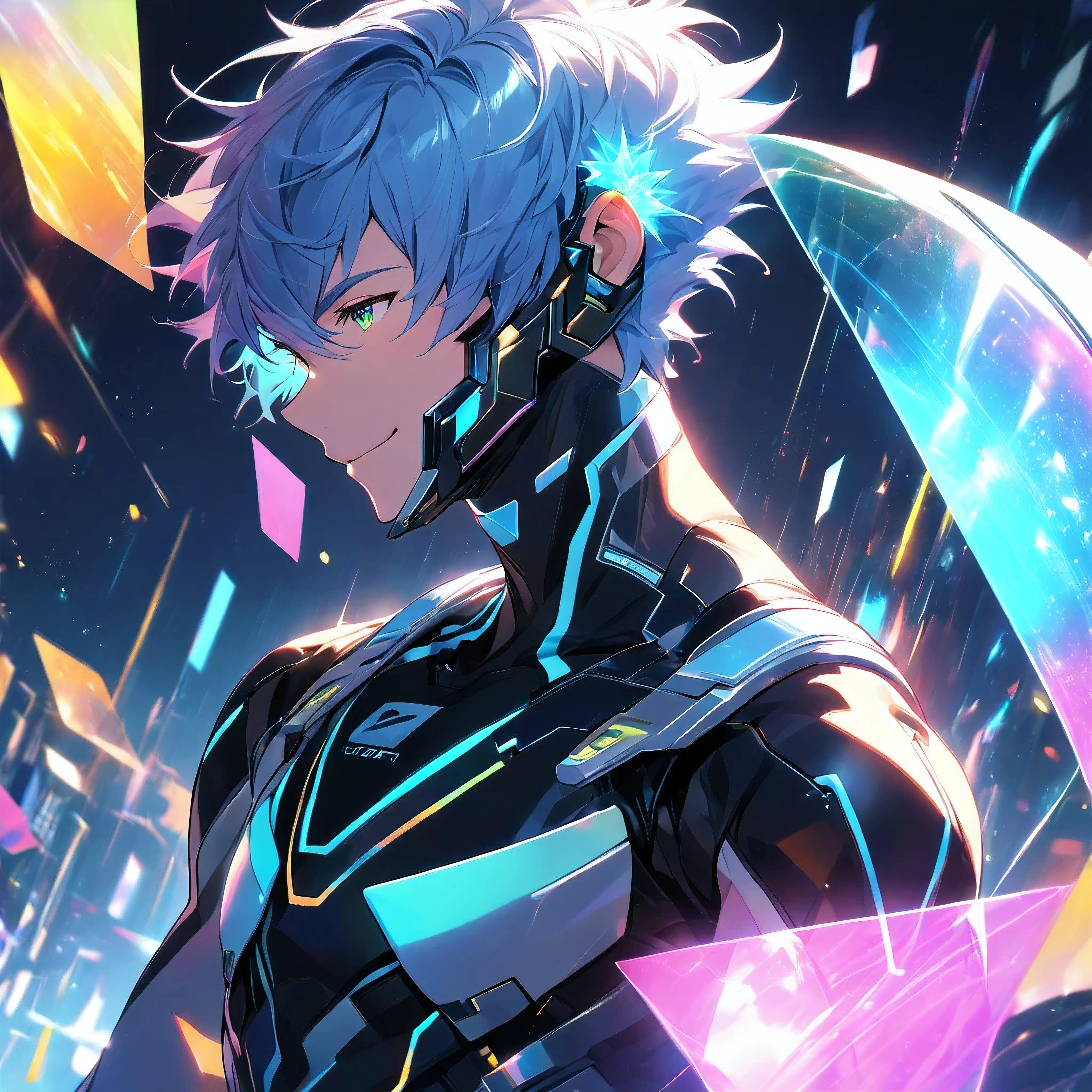 A friendly and charismatic male character in a futuristic black and blue cyber suit with glowing LED lines, short spiky blue hair, and sharp green eyes. He is tall, muscular, and has an energy backpack on his back. The character is smiling warmly and in a relaxed posture, exuding a welcoming and approachable aura. The background is a digital cityscape with floating holographic elements and light effects, representing a cybernetic world.