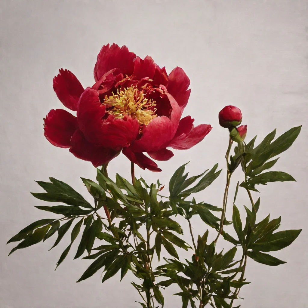 Red peony、White background