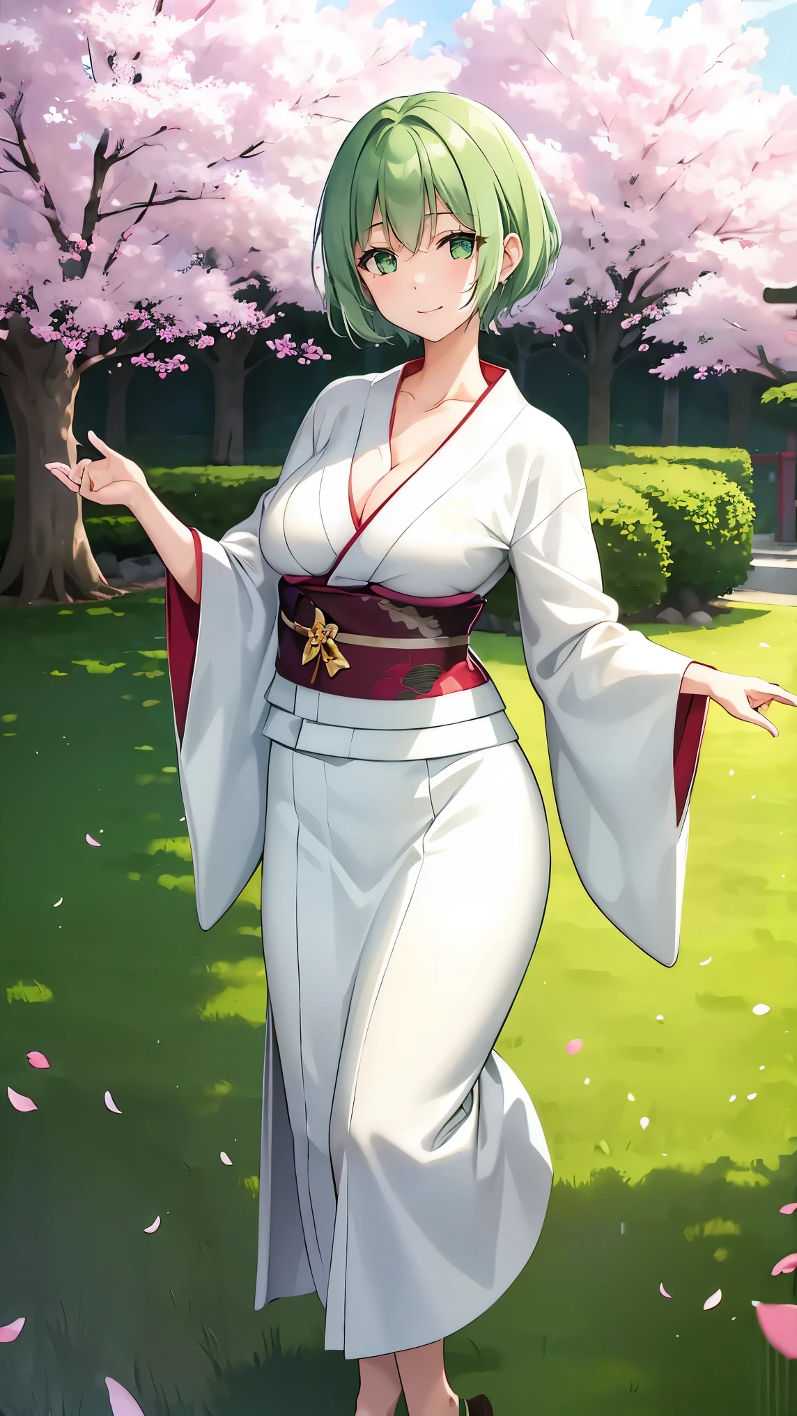Girl with short green hair, Small breasts, Green Eyes, White Casual Wear Beauty Special、(((tits))),Full body photo from head to toe、Kimono、Patterned Japanese clothing、Cherry tree in full bloom、Fluttering petals、Dance、Dancer、Dancing on stage、Graceful Manners