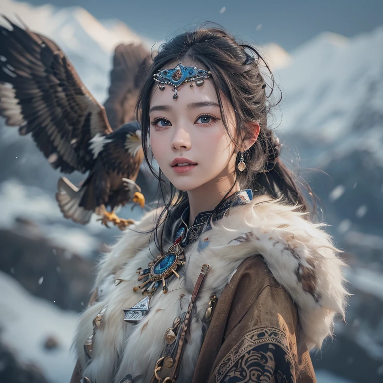 Hiding in the snowy mountains、Hair flow、 ((highest quality、masterpiece、8k、Best image quality、Ultra-high resolution、Award-winning works)、(Accurate anatomy:1.1)、(Look at me and smile:1.1)、Shining fair skin with Ultra-high resolution、The most detailed face、Ultra-high resolution detailed face、Ultra-high resolutionの髪の毛、(Ultra-high resolutionの煌めく瞳:1.1)、Beautiful face drawn in every detail、(Blurred Background:1.1)、Ancient Inuit clothing, Chest to chest, tattoo, Old ruins in the background、Apart from the real giant eagle