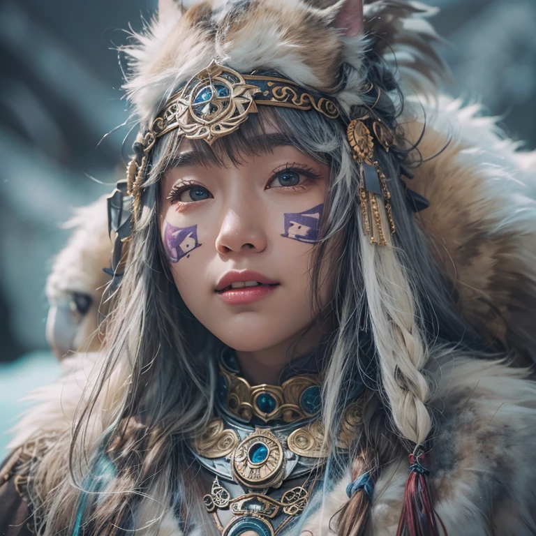 Hiding in the snowy mountains、Hair flow、 ((highest quality、masterpiece、8k、Best image quality、Ultra-high resolution、Award-winning works)、(Accurate anatomy:1.1)、(Look at me and smile:1.1)、Shining fair skin with Ultra-high resolution、The most detailed face、Ultra-high resolution detailed face、Ultra-high resolutionの髪の毛、(Ultra-high resolutionの煌めく瞳:1.1)、Beautiful face drawn in every detail、(Blurred Background:1.1)、Ancient Inuit clothing, Chest to chest, tattoo, Old ruins in the background、he&#39;its big, You have a real hawk on your shoulder.. 