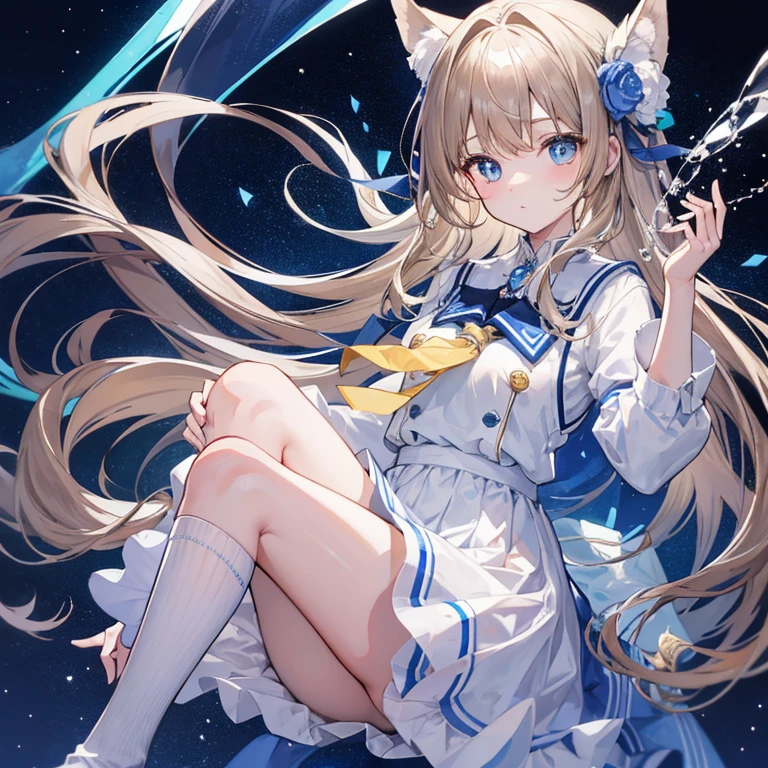 Glowing light brown，Has hair and pupils，blue and white school uniform，With silver crystal pendant，Sweet girl，The whole is shining